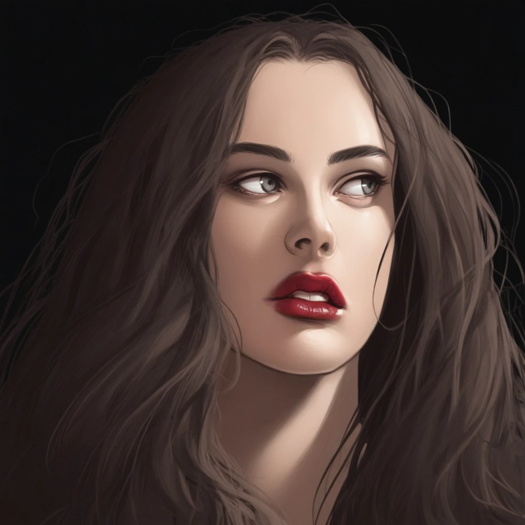 long hair, red lips, teeth, looking to the side, black background, grey eyes, nature, parted lips, holding, solo