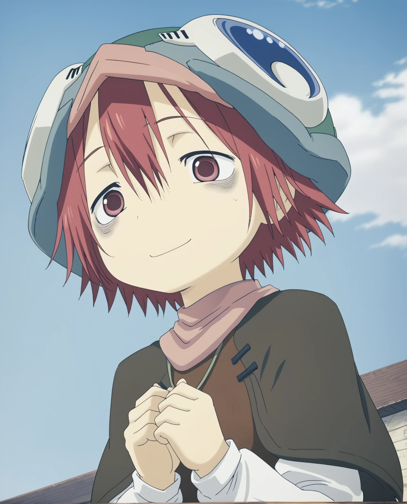 <lora:Vueko:1>,vueko, vueko delver, helmet, smile, blue sky, red hair, red eyes, tired, bags under eyes, score_9