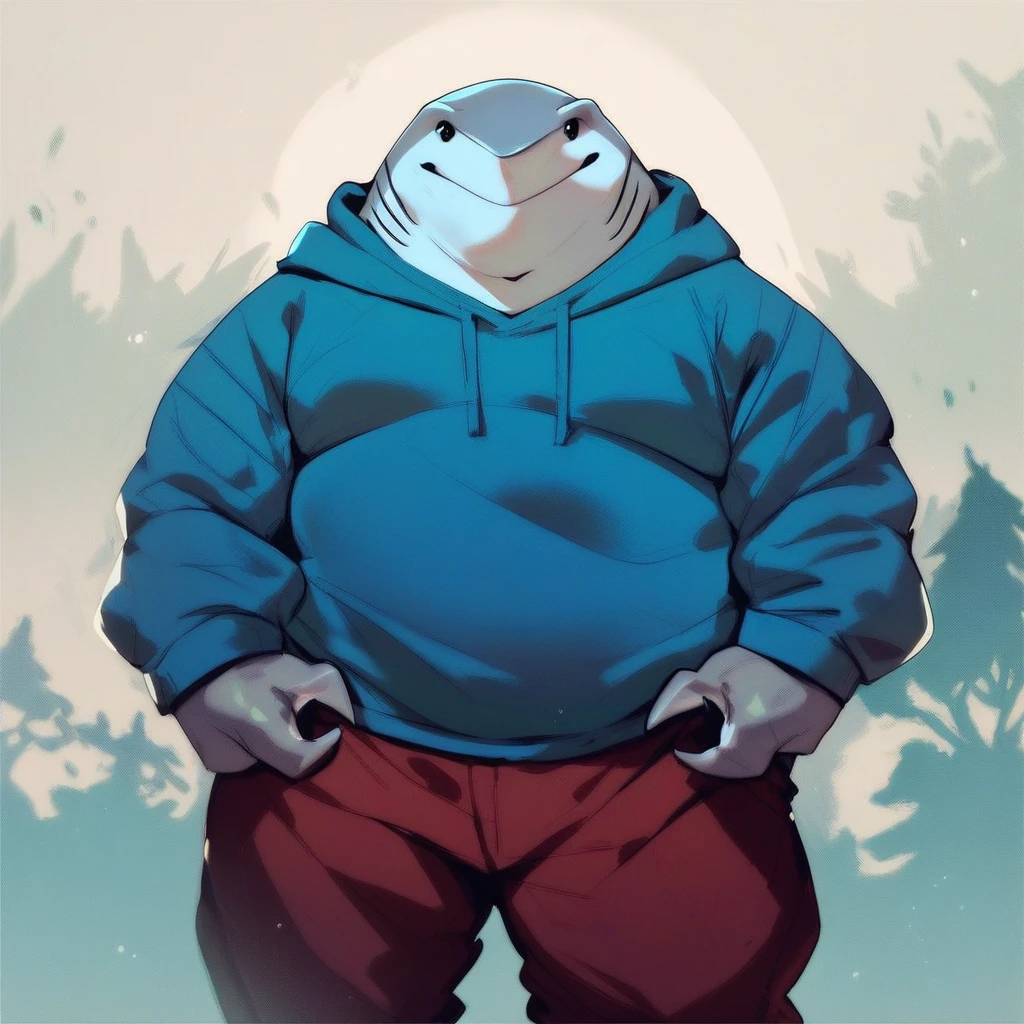 score_9, score_8_up, score_7_up, score_6_up, score_5_up, score_4_up, king shark, shark, anthro, fat, three toes, blue hoodie, burgundy pants, friendly pose, forest background, looking at viewer