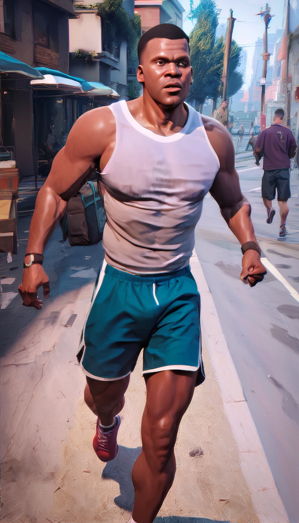 score_9, regretful gtafranklin man wearing running shorts, PonyXLV6_Scores  <lora:gtafranklin_PDXL_v1-000005:1>