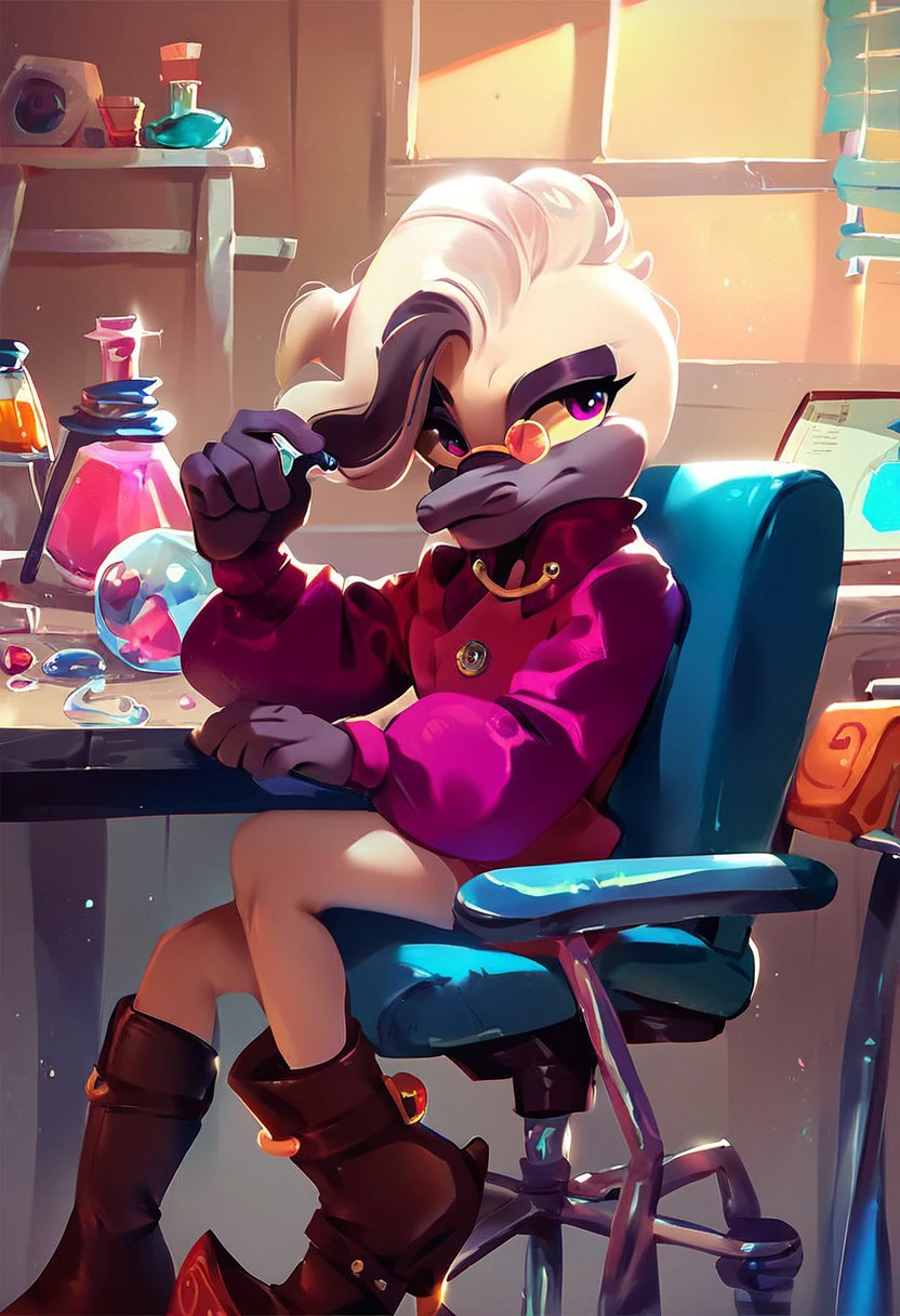 score_9, score_8_up, score_7_up, score_6_up, Doctor Starline, pince-nez, tow-tone hair, boots, purple eyes, long sleeve, lab, desk, desk chair, test tubes, flask