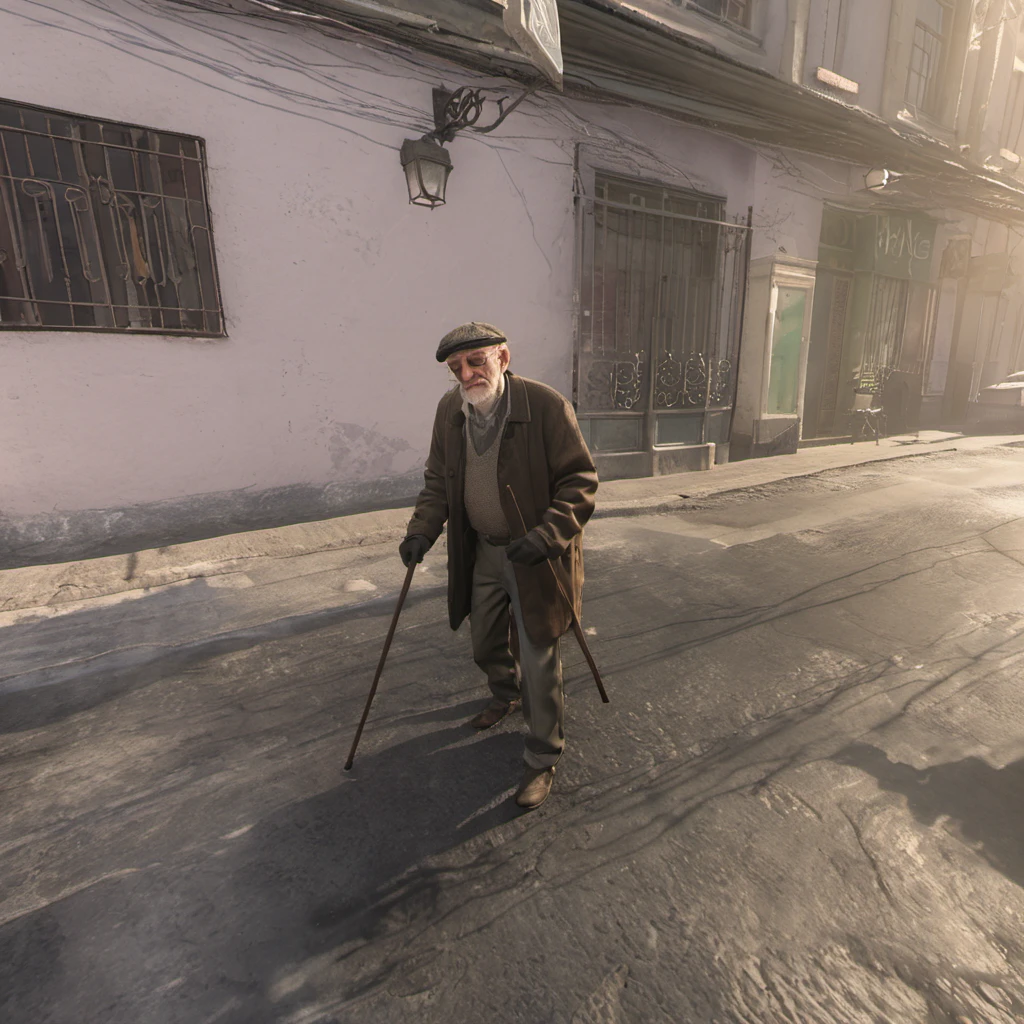 mw19 style, an old man with a cane walking down the street