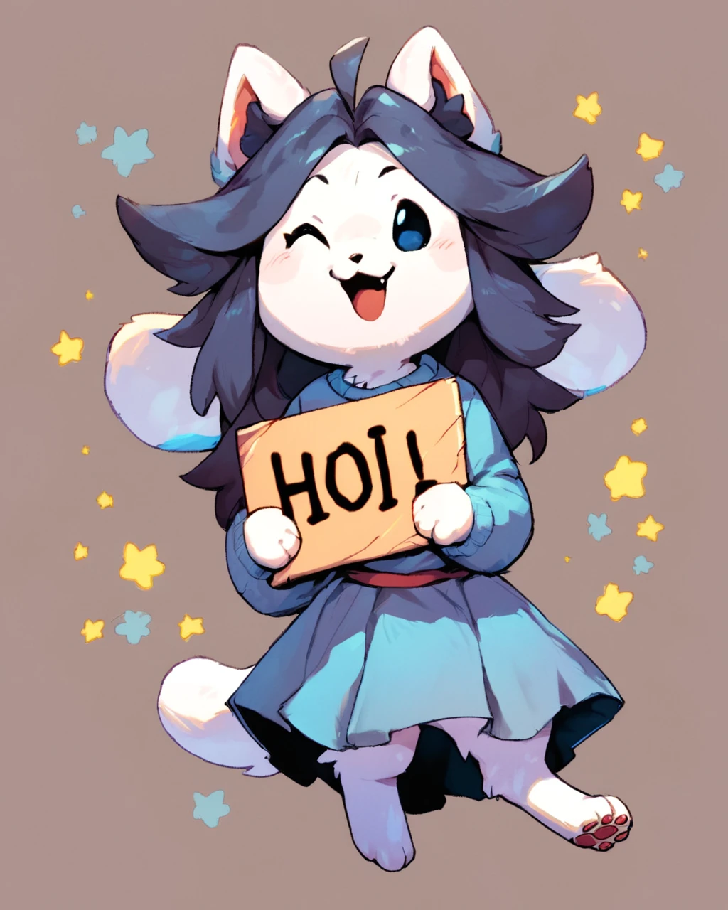 score_9, score_8_up, score_7_up, score_6_up, source_furry, rating_safe, t3mmie,  cute, holding a sign, text_on_sign "hoi", smiling, winking, paws,  <lora:Temmie:1>