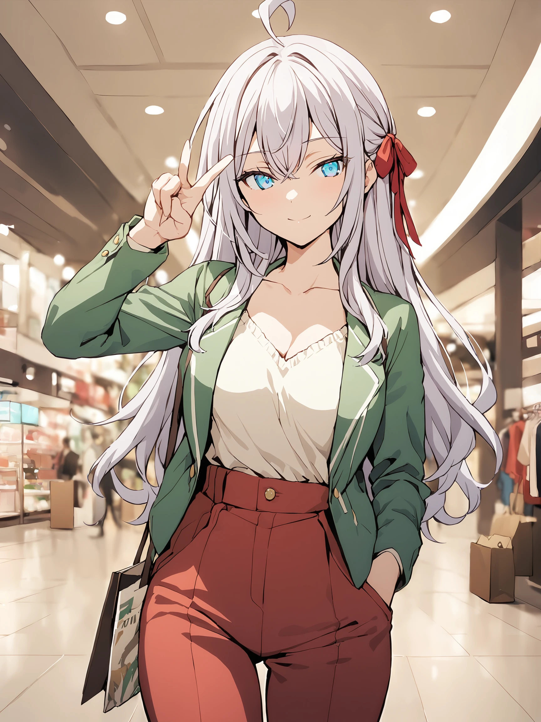 alya_imoto, blue eyes, white hair, long hair, hair ribbon, red ribbon, ahoge,
1girl, solo, looking at viewer, indoors, shopping mall, shops, blurry background, standing, light smile, two finger salute,
date outfit, collarbone, green jacket, open clothes, yellow shirt, blue jeans,
best quality, masterpiece,
<lora:hinaAlyaMashaYuki_sdxl_wifu_v1:1>