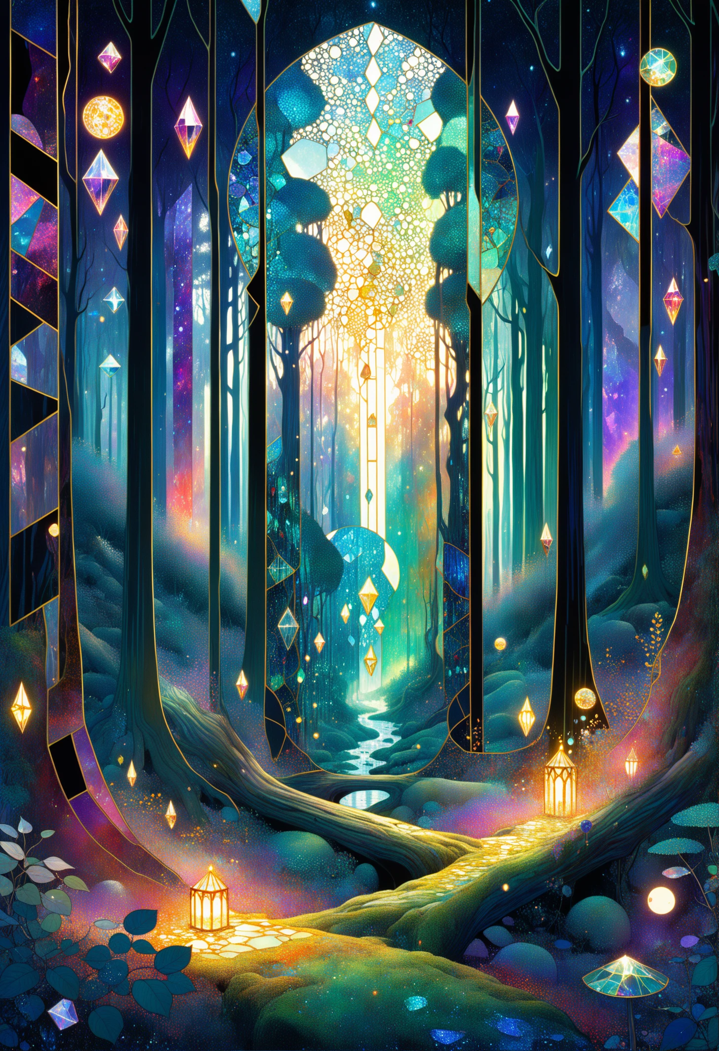 An enchanted forest with abstract and geometric elements, Broken Glass effect, energy, molecular, textures, iridescent and luminescent scales, breathtaking beauty, pure perfection, divine, vivid colors, John Gilbert, by Gustav Klimt, by Bill Watterson<lora:DetailMaximizer:1> <lora:Art-full_v1:0.3>