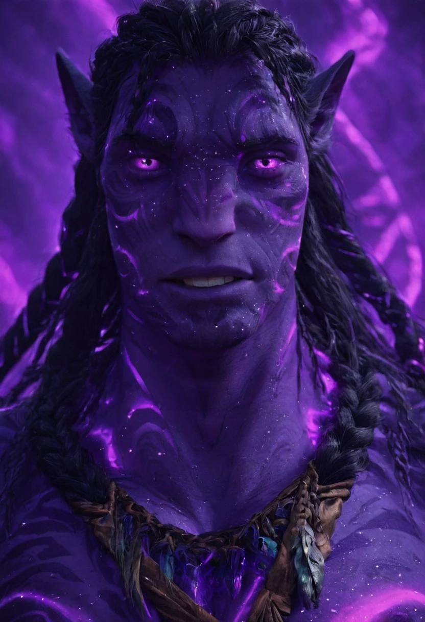 Avatar, na'vi, Jake sully face close up, male, , solo, macro shot, short hair, dramatic light, purple light, blurred background, intricate light, cinematic, meaty face, professional photo, military outfit, tattooed face, choker