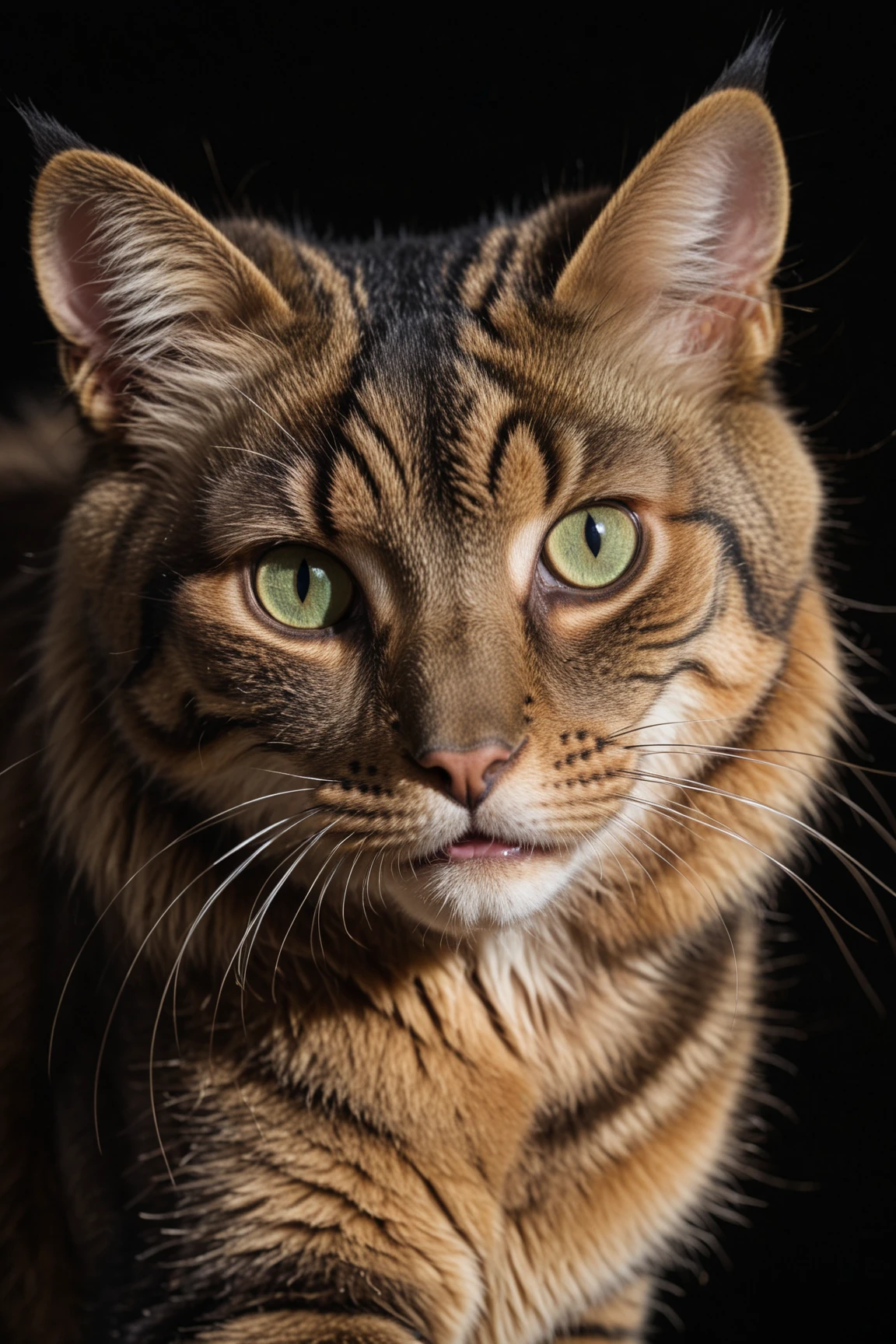 RAW photo, dramatic light, close up view, a rich golden and dark brown stripes cat, green eyes,  black background, 8k