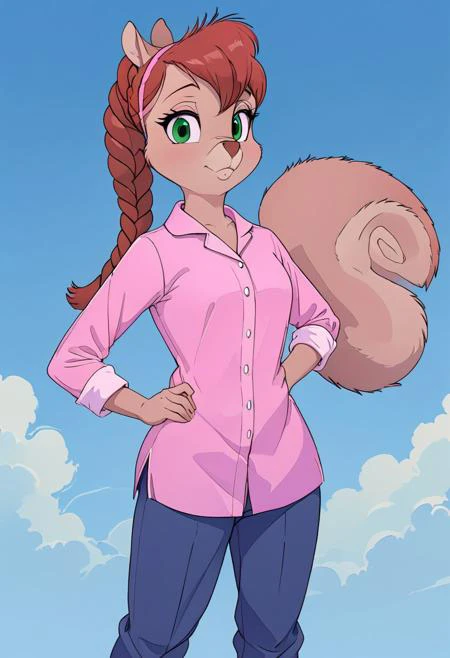 squirrel tail, pink shirt, simple background, pajamas, squirrel ears, hands on hips, 1girl, green eyes, long hair, happy, standing, sky, upper body, braided ponytail