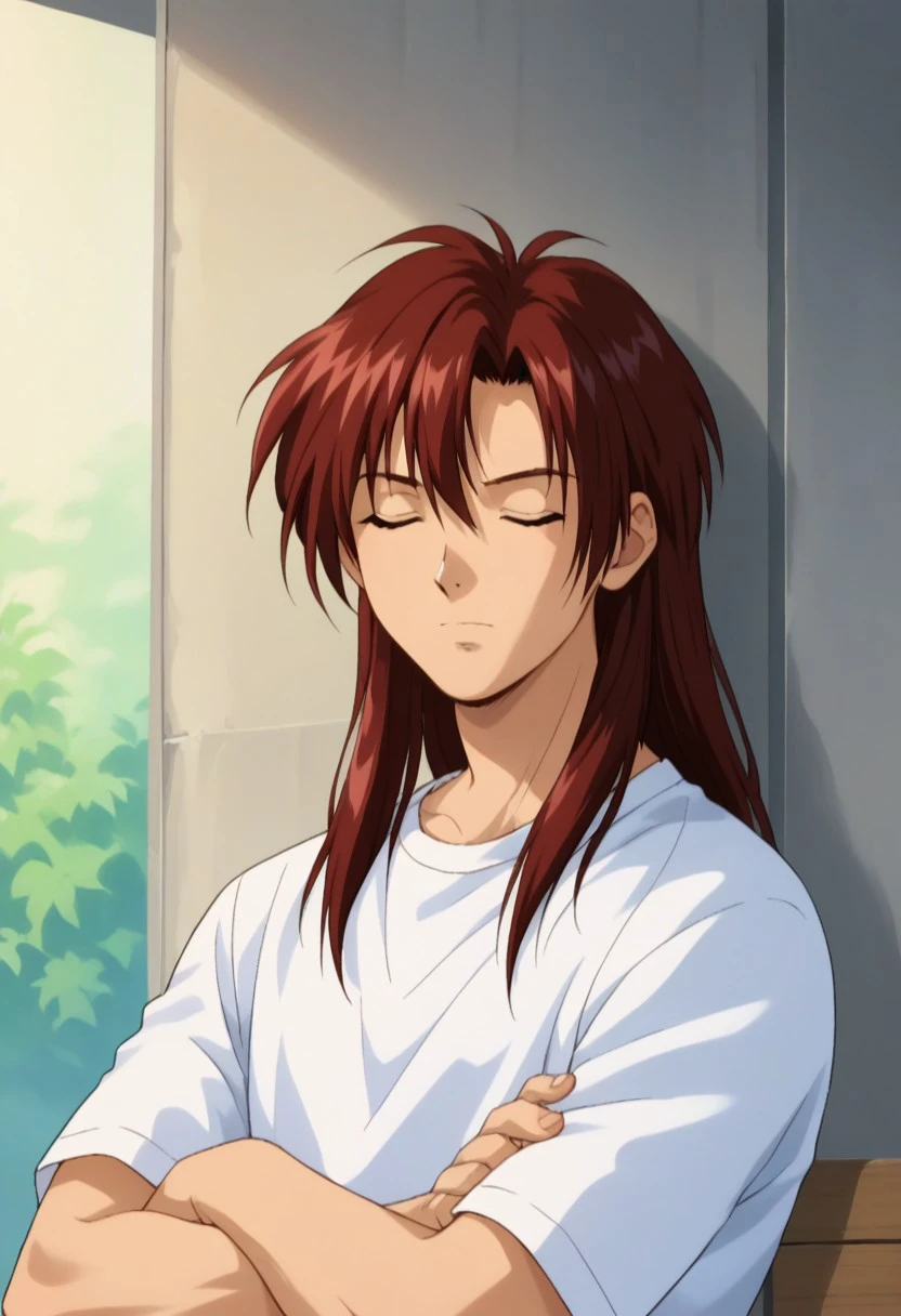 score_9, score_8_up, score_7_up, source_anime, highly detailed, 
HiroshiNakano, 1boy, solo, male focus, closed eyes, long hair, shirt, red hair, closed mouth,
white shirt, upper body, crossed arms,