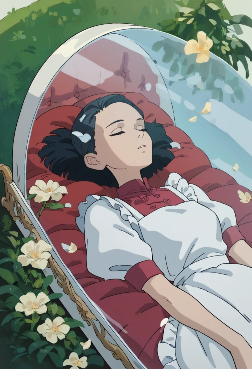 score_9, score_8_up, score_7_up, score_6_up, ghbl, black hair, apron, closed eyes, sleeping, lying, flower, 1girl, coffin, transparent glass