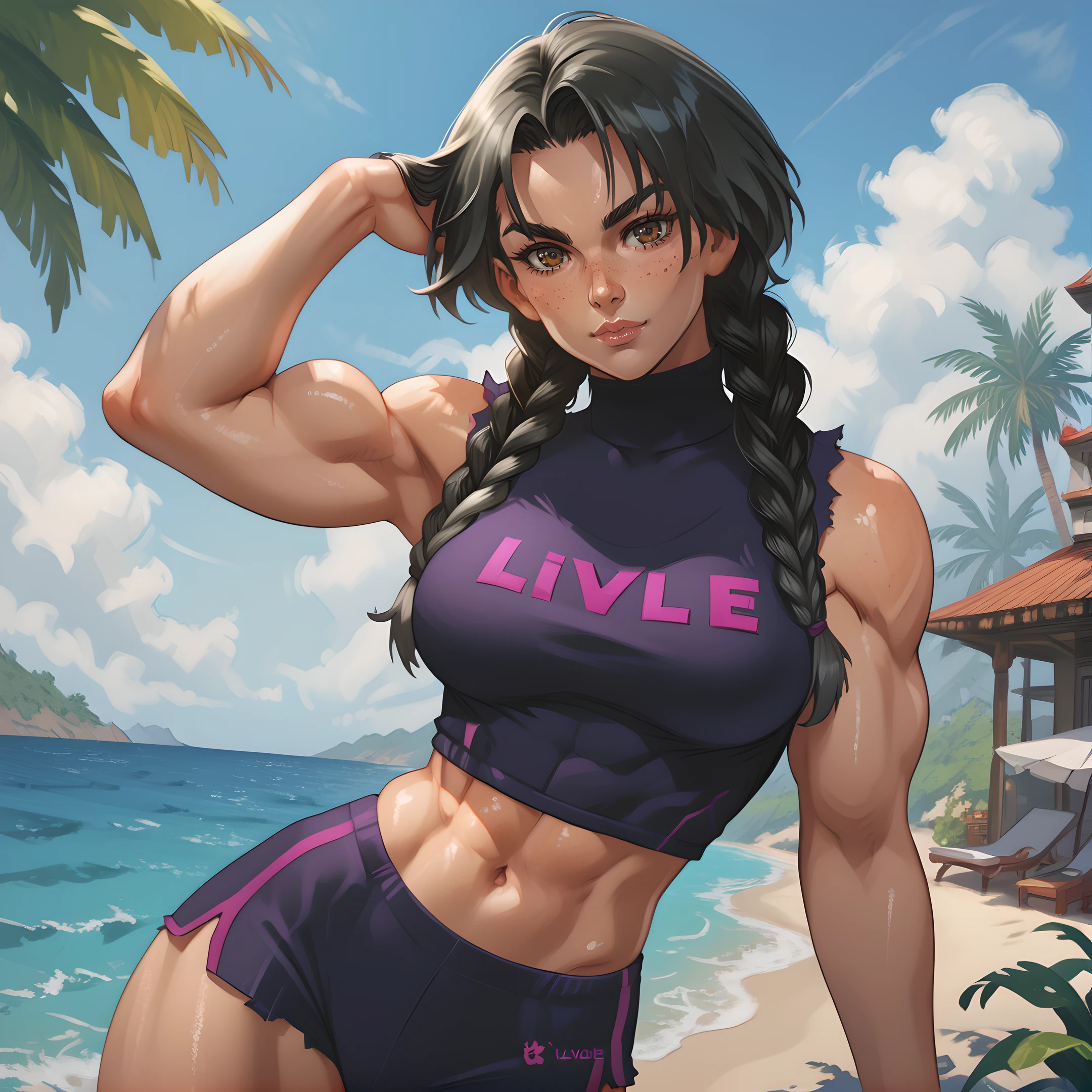 1girl, solo, billie, twin braids, braid, black hair, muscular, muscular female, freckles, brown eyes, looking at viewer, <lora:Billie_-_Sucker_For_Love:0.8>
BREAK
level_9, level_8_up, level_7_up, level_6_up, level_5_up, source_cartoon, masterpiece 
BREAK
on the beach, sea, sunny day, palm trees,