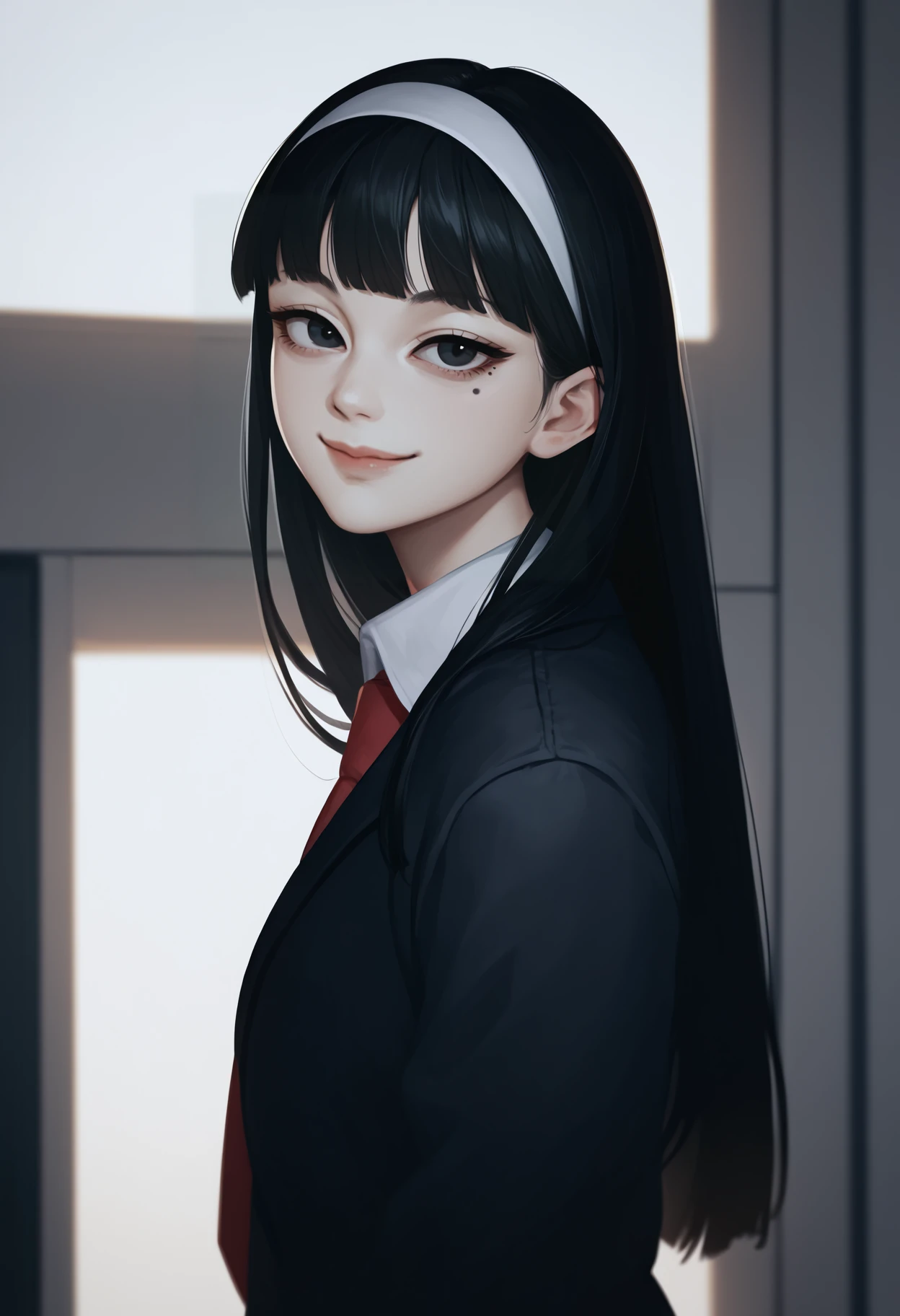 score_9, score_8_up, score_7_up, source_anime BREAK 1girl, solo, <lora:kawakamitomie-junjiito-richy-v1_pdxl:1> kwkm, black eyes, black hair, long hair, blunt bangs, white hairband, mole under eye, school uniform, red necktie, black jacket, closed mouth, smile, lips, looking at viewer, pale