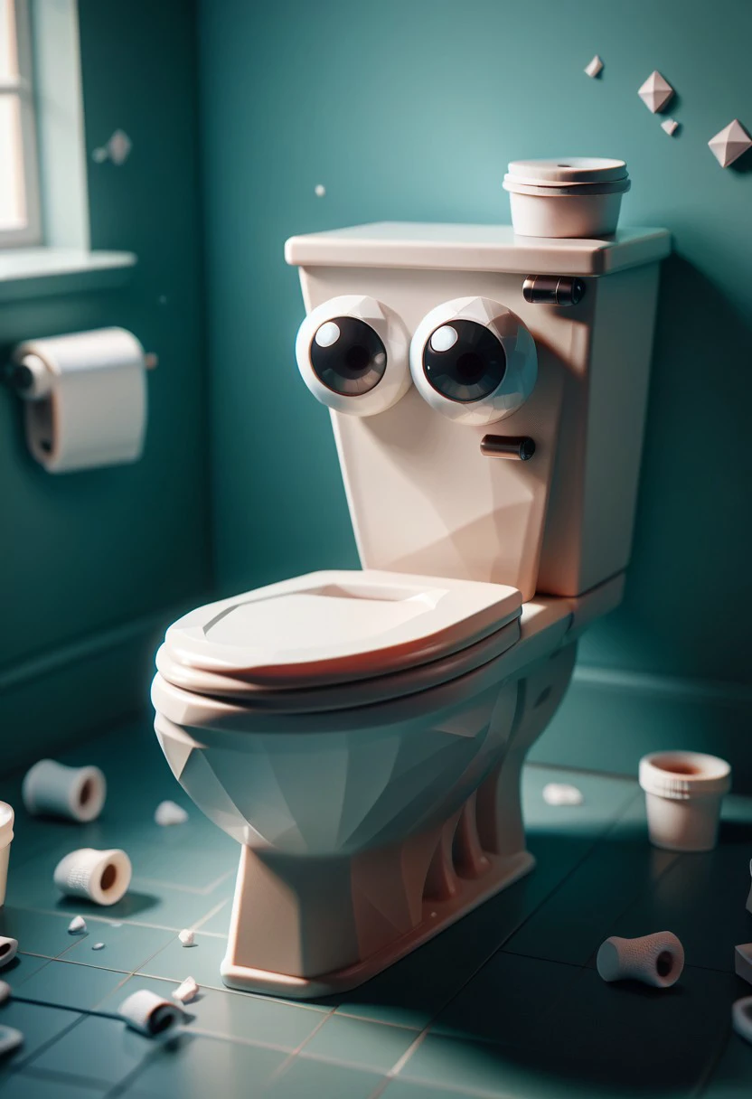 score_9, score_8_up, score_7_up, score_6_up, score_5_up, score_4_up, r4r3style, low poly, googly eyes, toilet, simple background, blurred background,