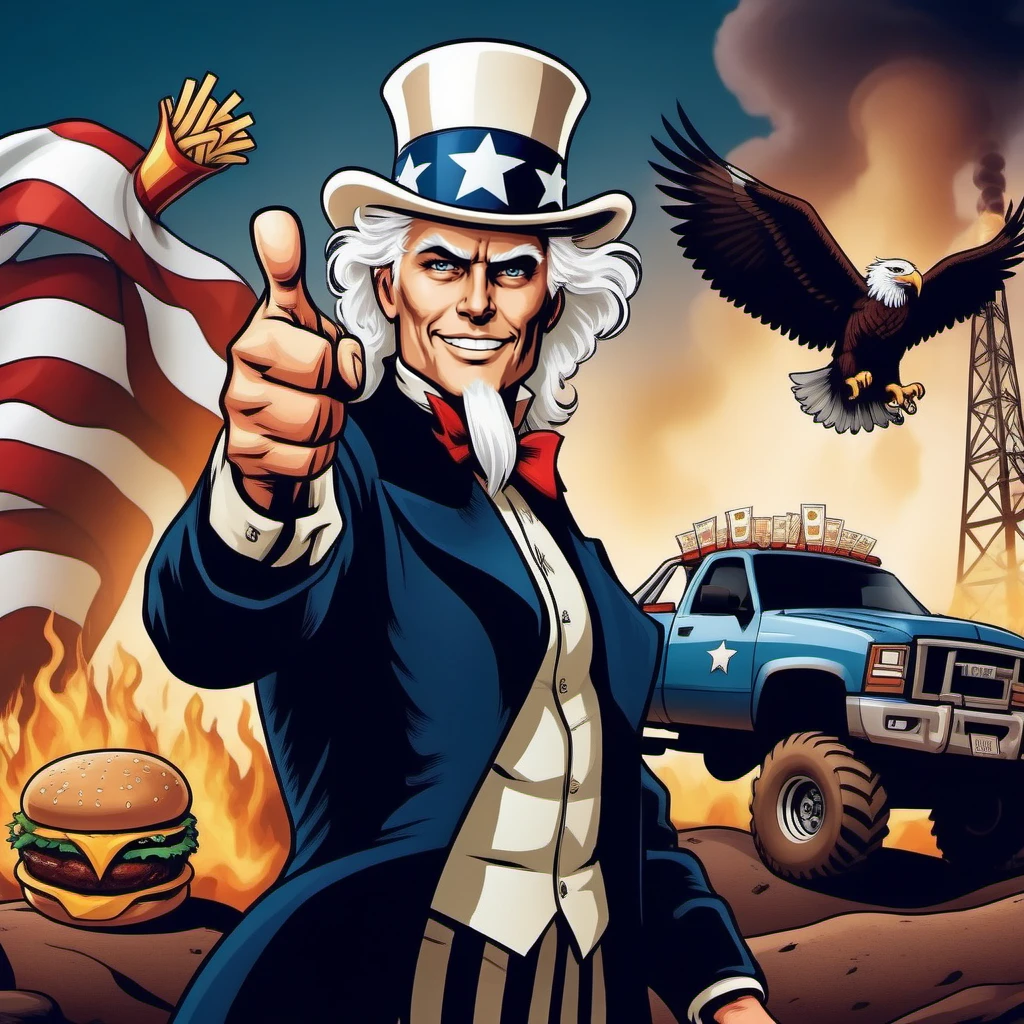 cinematic photo full body portrait of 1boy, top hat, white hair, ((facial hair)),  thumbs up, guns, eagles, monstertruck, oil drilling, smoke, hamburger, french fries, dollar signs, usa <lora:OncleSam:0.8>  . 35mm photograph, film, bokeh, professional, 4k, highly detailed