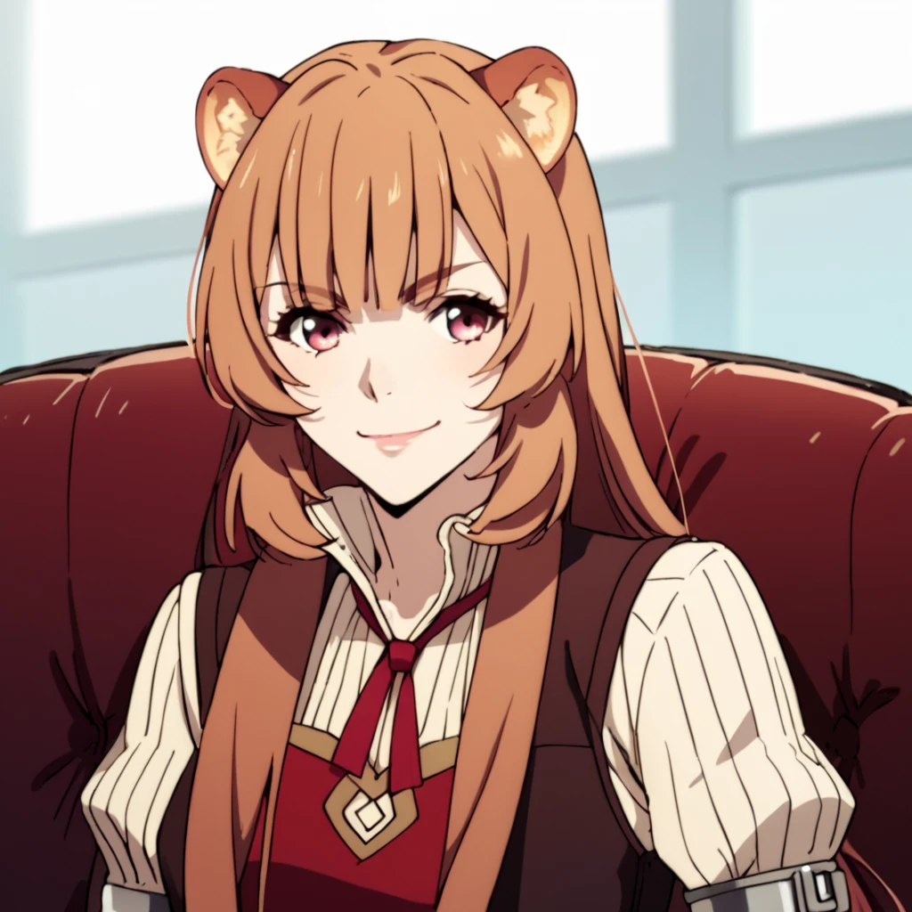 score_9, score_8_up, score_7_up, score_6_up, score_5_up, score_4_up, source_anime,  Raphtalia, brown hair, , smirk, sitting, portrait