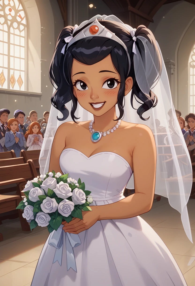 score_9, score_8_up, score_7_up,score_6_up, xandra, cowboy shot, 1girl,solo,dark skin,black hair, black eyes,medium breasts,twintails, medium hair,wedding dress,veil,,smile, blush,happy,holding bouquet,own hands together,looking at viewer,indoors, church, white light, altar,crowd, silver tiara, white tiara, blue gemstone,strapless,necklace,brown lips,teeth <lora:XandraPony:1>