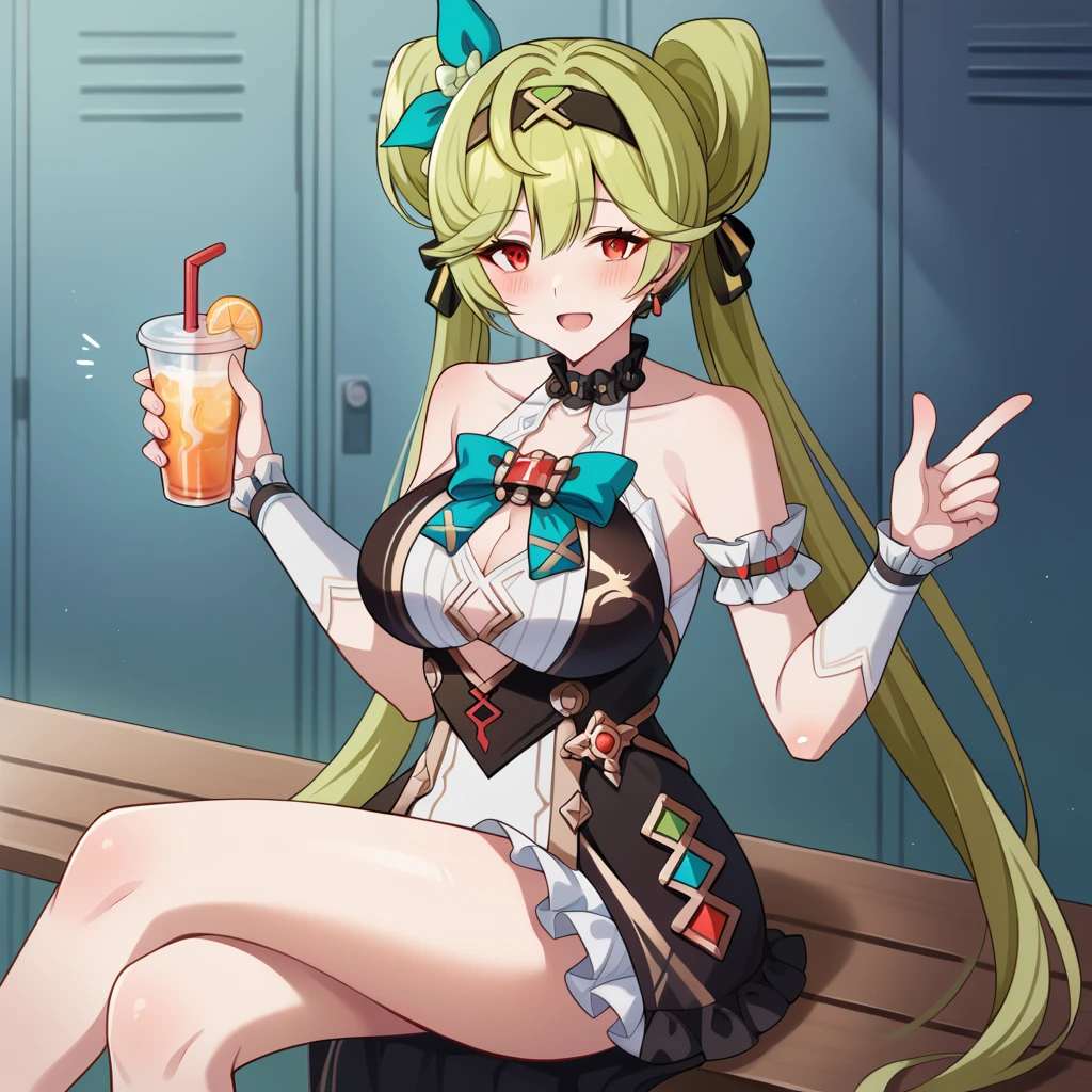 score_9_up, score_8_up, score_7_up, source_anime, masterpiece, best quality, 1girl, solo, Ai-chan, Ai_Idol, siting on metal bench, crossed legs, slight blush, thumbs up, drinking straw, holding sports drink, looking at you, excited, long hair, green hair, red eyes, double buns, hair rings, twintails, white dress, black dress, cleavage cutout, center cutout, frills, teal bow, green flower, gold trim, hair ornament, frilled skirt, frilled choker, frilled wrist cuffs, streaked hair, jewelry, frilled arm band, halterneck, mature body, dynamic cowboy shot, indoors, locker room background