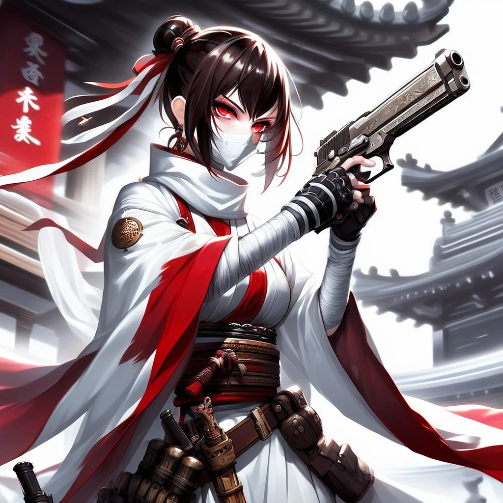 GunMonk, a woman in a white and red robe, holding a gun