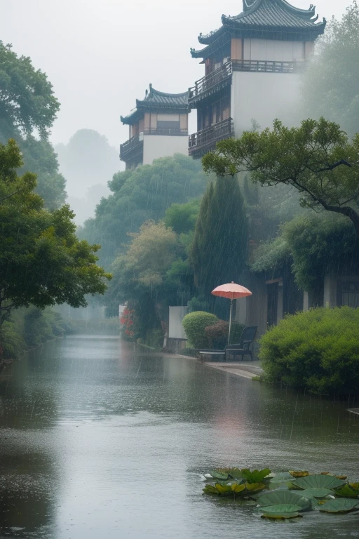 ltra-detailed,highly detailed,best quality,masterpiece,illustration, drawing, realistic, photorealistic,
rainy day, yanyujiangnan, scenery, no humans, outdoors, rain, river, riverbank, nature, water, day,sky, lotus, 
 <lora:rainy day_v1_01:0.6>