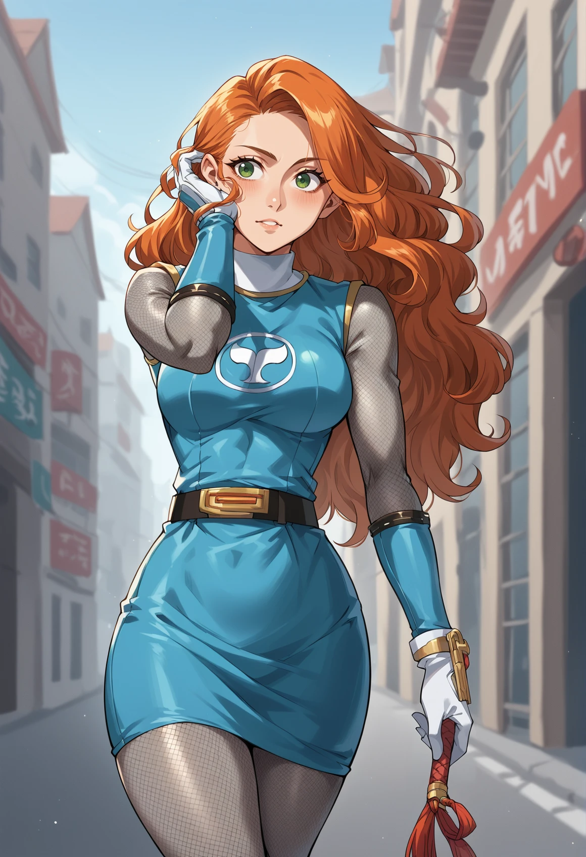 1girl, solo, super sentai, ninja, short dress, sleeveless, fishnets, Fishnet Pantyhose, fishnet armwear, skirt, belt, gloves, long hair, orange hair, curly hair, green eyes, hand on hair, outdoors, city  <lora:HurricaneBlue:1>, score_9, score_8_up, score_7_up, score_6_up, score_5_up, score_4_up, BREAK source_anime, masterpiece