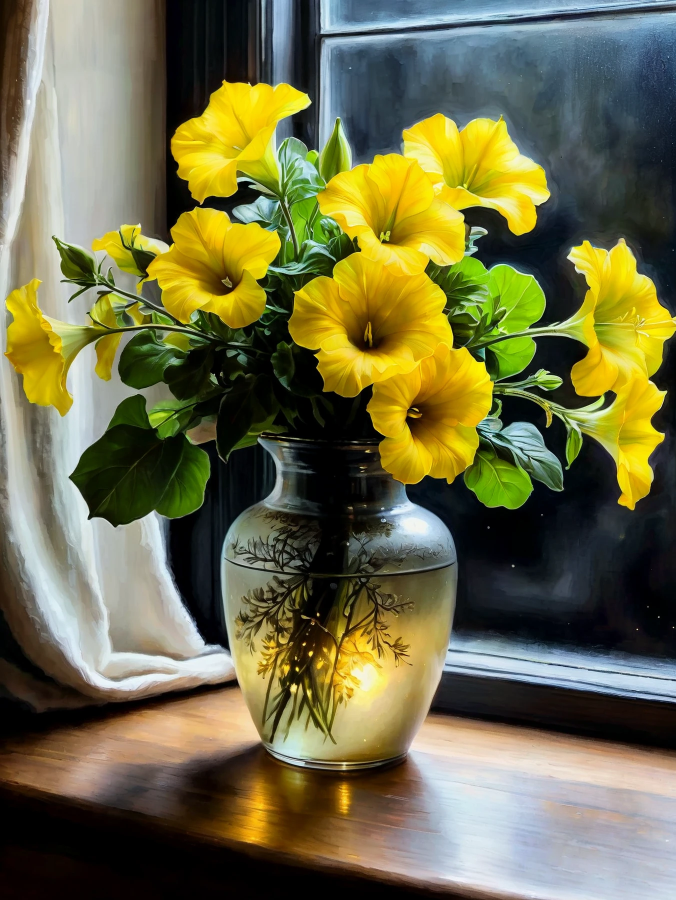 A glowing vase of yellow petunias.

Atmospheric, rustic, moody.

<lora:NightCourt01_CE_SDXL:0.9> nghtcrtCE