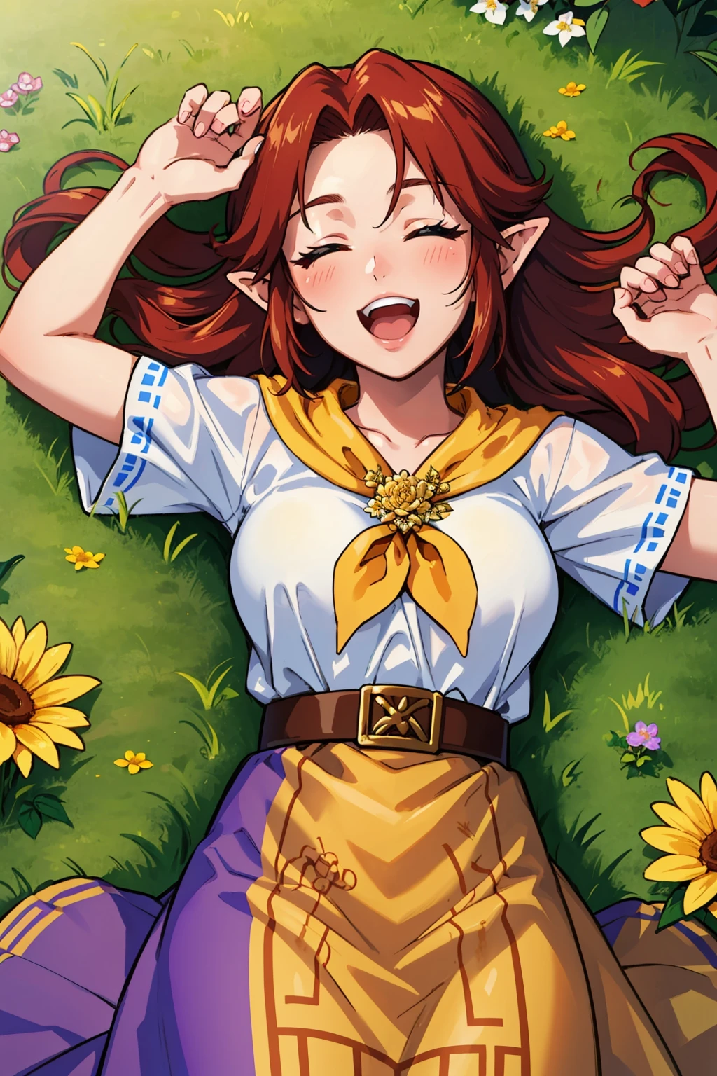masterpiece, best quality, 1girl, solo <lora:cremia-nvwls-v1-000009:0.9> cremia, red hair, pointy ears, white shirt, yellow neckerchief, short sleeves, belt, purple skirt, long skirt, brown apron, breasts, lying on back, on ground, grass, closed eyes, laughing, looking at viewer, smile, happy, open mouth, flowers, from above
