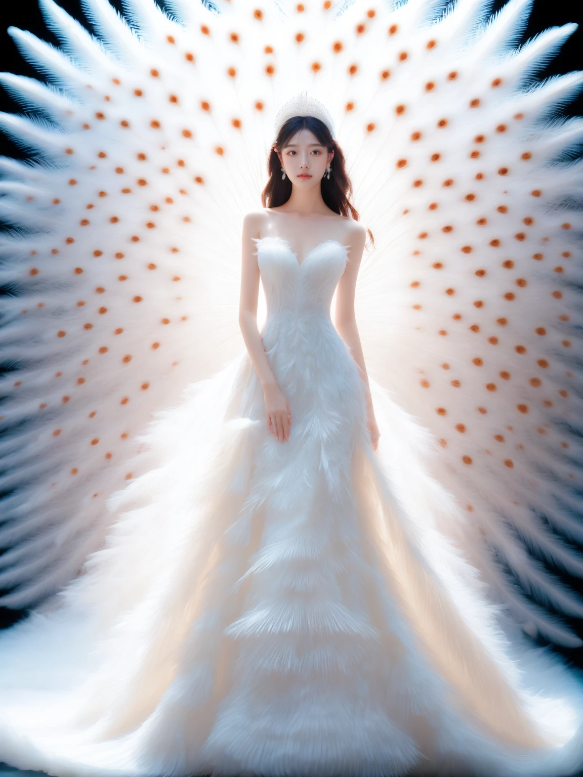 1girl, full body, standing, big feathers peacook tails, white feathers dress, <lora:JAY - WHITE FEATHERS DRESS:0.8>