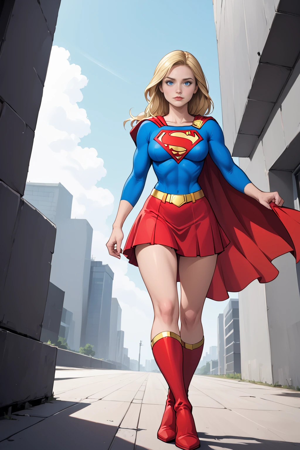 <lora:Supergirl_PDXL_spamb0t:0.8>,DC_Comics_Supergirl
BREAK long blonde hair,yellow belt
BREAK blue eyes,blue shirt
BREAK red cape,red skirt,red highheel boots
BREAK standing with one foot resting on prop, arms at sides
BREAK front angle view, medium full shot
BREAK cowboy shot,abstract background,looking at viewer
BREAK high quality,film grain,cinematic lighting,volumetric lighting,modeling shoot
BREAK (hyper detail,insanely detailed,best quality,masterpiece,photorealistic:1.4)