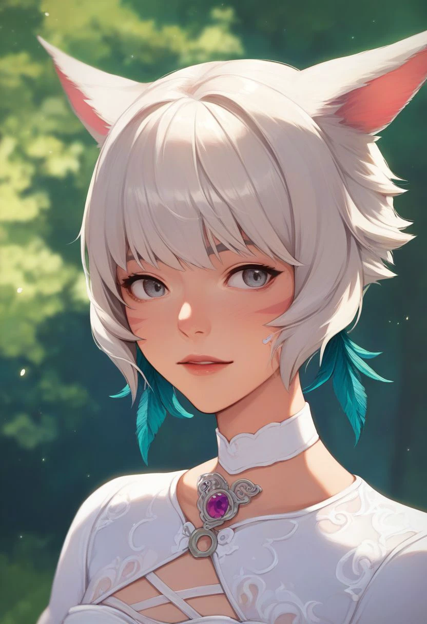 score_9, score_8_up, score_7_up, score_6_up, score_5_up, score_4_up, source_anime,
y'shtola rhul, white hair, short hair, grey eyes, feather earrings,
white choker, wedding dress, shrug \(clothing\),
upper body,
outdoors, nature, trees, blurry background,
<lora:yshtola_rhul:1>