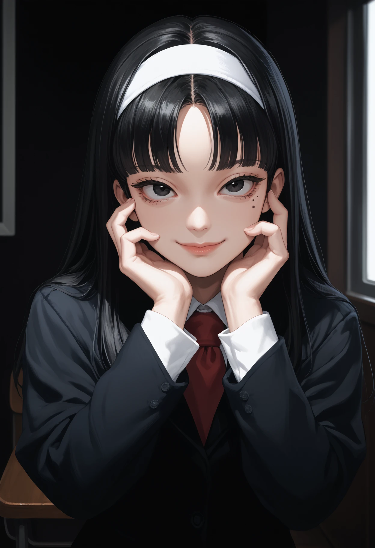 score_9, score_8_up, score_7_up, source_anime BREAK 1girl, solo, <lora:kawakamitomie-junjiito-richy-v1_pdxl:1> kwkm, black eyes, black hair, long hair, blunt bangs, parted bangs, white hairband, mole under eye, black jacket, red necktie, school uniform, indoors, black background, smile, closed mouth, pale, lips, yandere, hands on own face, breasts