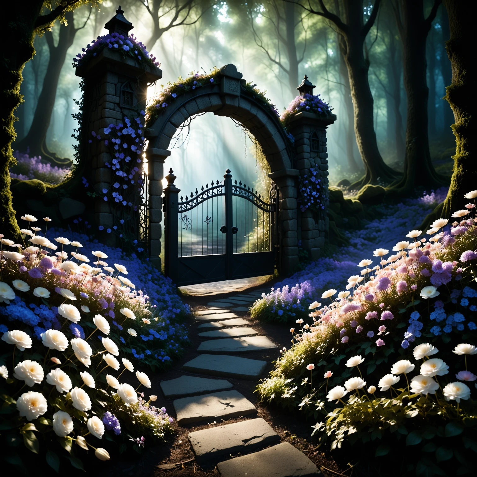 light and shadow by reij-shdwgms <lora:reij-shadowgames-000006:0.9>, stardust, a fantasy landscape, a stone gate made of flowers in the woods, the gate surrounded by flowers is made of pam-flwr <lora:SDXL_FLOWER_STYLE:0.9>