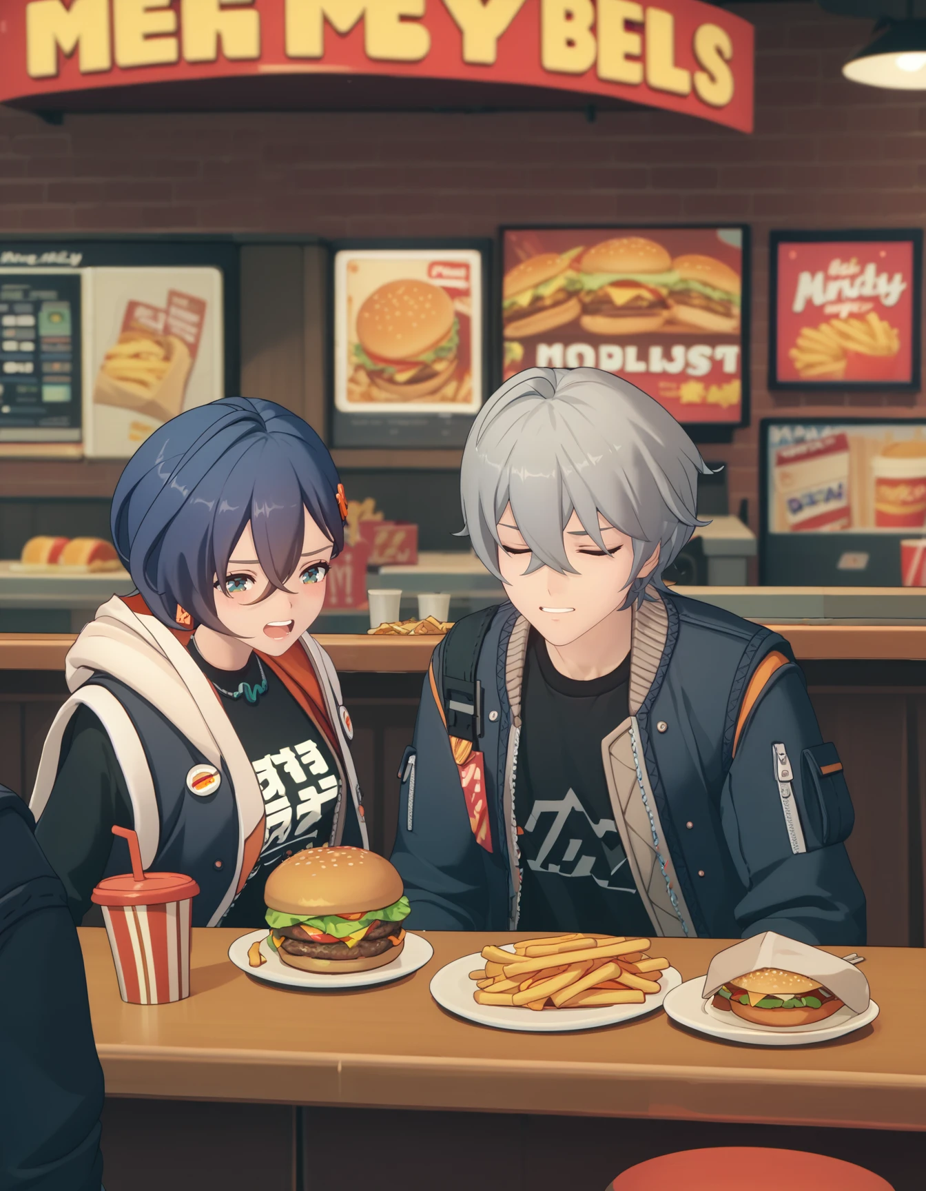 score_9,  score_8_up, score_7_up, 1girl, 1boy, hungry, excited, burger, mcdonald's, counter, sitting, indoors
<lora:zzz-siblings-ponyxl:1> belle, hooded jacket, black shirt
wise, open jacket, black shirt, jacket