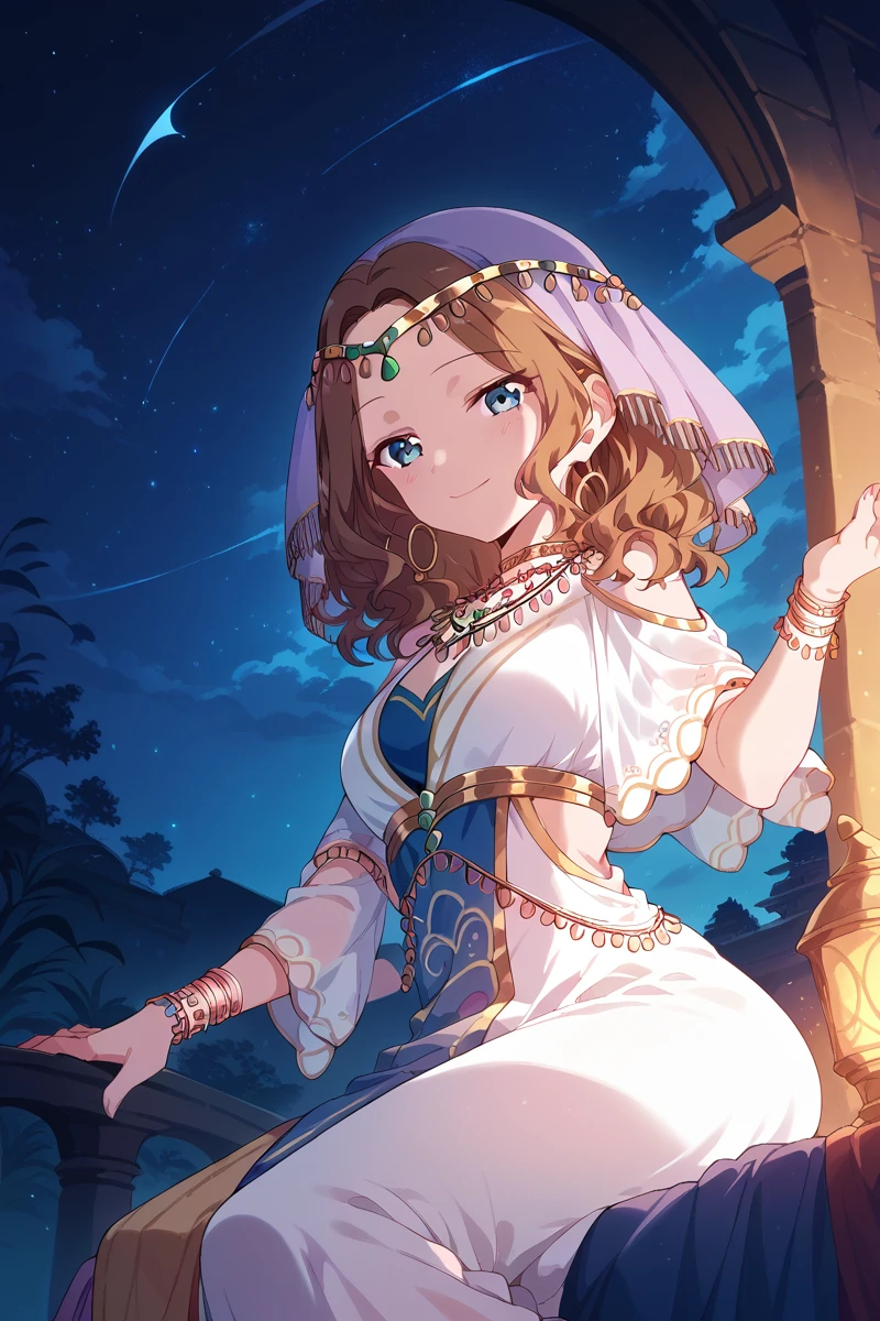 score_9, score_8_up, score_7_up, score_6_up, 1girl,
 <lora:Hisame_Honami:0.9> hisame, jewelry, blue eyes, solo, bracelet, night, necklace, brown hair, dress, sky, long hair, night sky, circlet, veil, smile, sheba