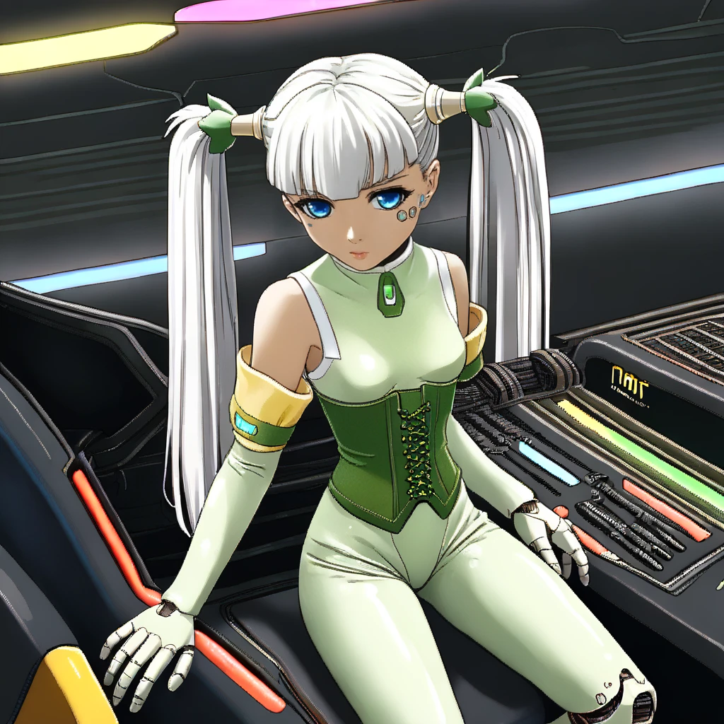 1girl, solo, sit, cockpit, colored lights, dashboard, <lora:ToloneXLpony:1> Tolone, android, robot joints, blue eyes, twintails, white hair, long hair, bare shoulders, yellow sleeves, white gloves, green bodysuit, yellow corset,