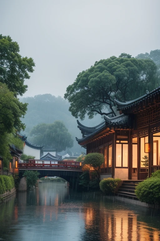 ltra-detailed,highly detailed,best quality,masterpiece,illustration, drawing, realistic, photorealistic,
rainy day, yanyujiangnan, no humans, scenery, outdoors, bridge, east asian architecture, lantern, tree, architecture, traditional media, ground vehicle, paper lantern, road, building, car, rain, motor vehicle, sky, boat, house, real world location, water, street, reflection, river, plant, watercraft, window, grey sky, lamppost, painting \(medium\),
 <lora:rainy day_v1_01:0.7>