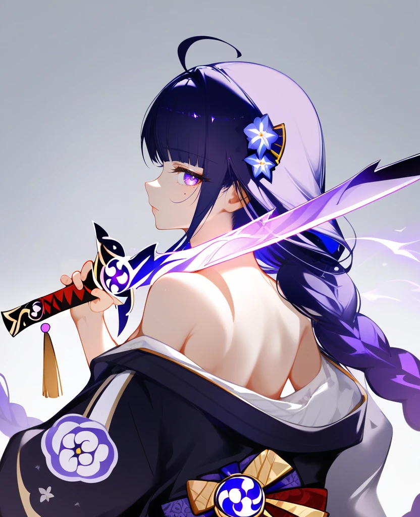 anime,1girl, weapon, sword, raiden shogun, solo, holding weapon, mole under eye, long hair, braid, holding sword, purple eyes, purple hair, holding, hair ornament, mole, looking at viewer, ahoge, looking back, bare shoulders, off shoulder, katana, from behind, back, flower, jacket, white background, black,jacket, tomoe \(symbol\), closed mouth, mitsudomoe \(shape\), braided ponytail, single braid, hair flower, upper body, very long hair, long sleeves, simple background, bare back, purple flower, japanese clothes, alternate costume, musou isshin \(genshin impact\), tassel, kimono, masterpiece, best quality, masterpiece, best quality