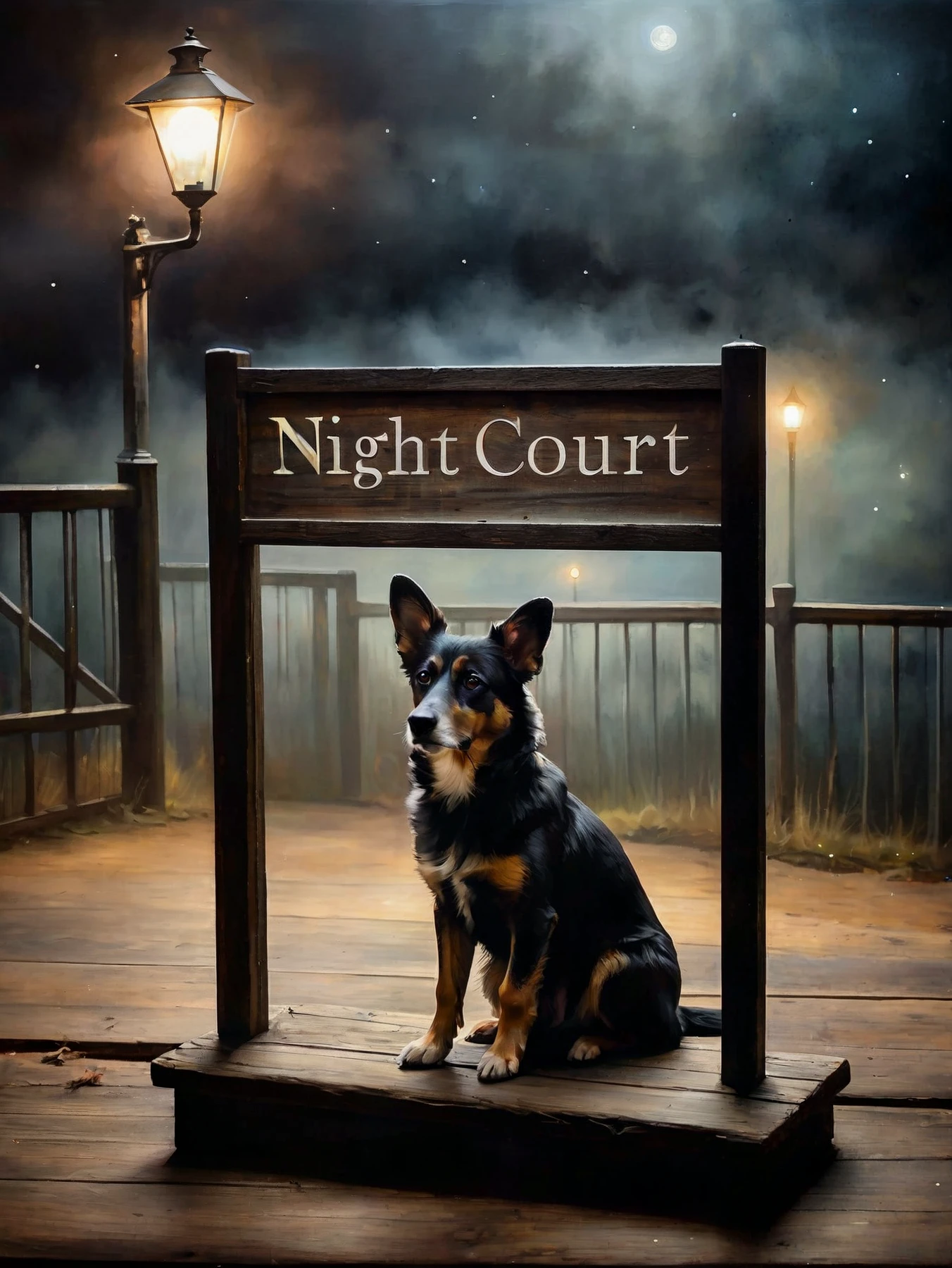 (A sign:1.95) (text: "Night Court"). A dog, sitting.

Atmospheric, rustic, moody.

<lora:NightCourt01_CE_SDXL:0.9> nghtcrtCE