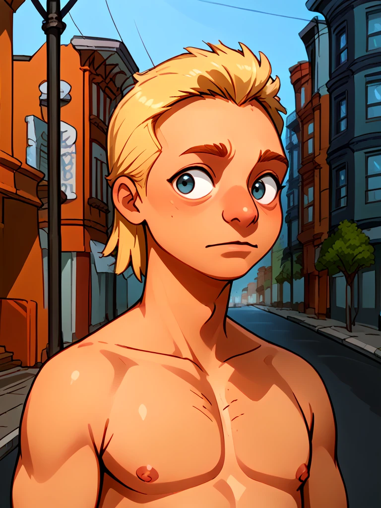 <lora:Speedo_Man_-_Bobs_Burgers:1> 1boy, blond hair, mullet, topless male, outdoors, street, portrait,, source_cartoon, score_9, score_8_up, score_7_up,