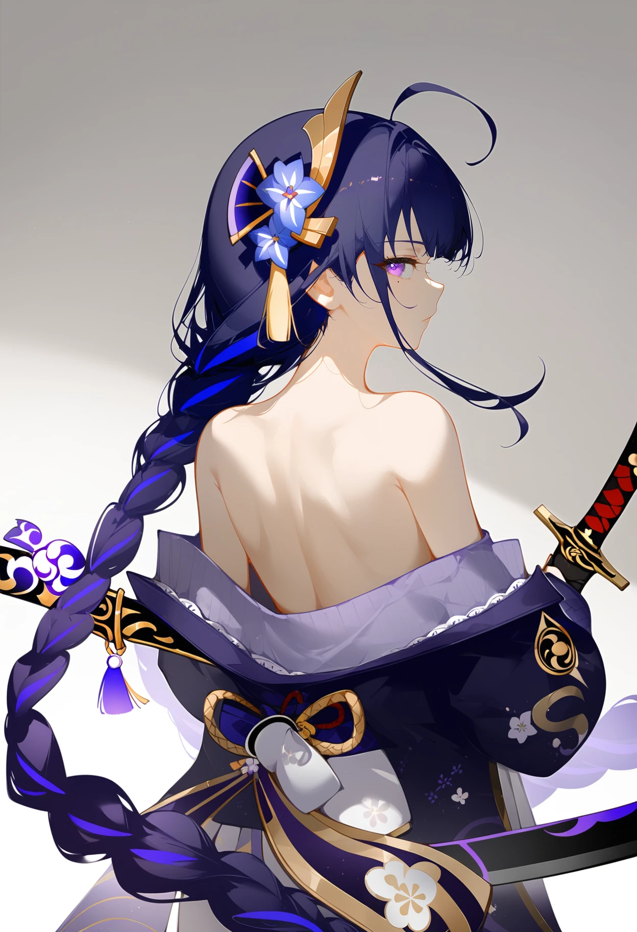 anime,1girl, weapon, sword, raiden shogun, solo, holding weapon, mole under eye, long hair, braid, holding sword, purple eyes, purple hair, holding, hair ornament, mole, looking at viewer, ahoge, looking back, bare shoulders, off shoulder, katana, from behind, back, flower, jacket, white background, black,jacket, tomoe \(symbol\), closed mouth, mitsudomoe \(shape\), braided ponytail, single braid, hair flower, upper body, very long hair, long sleeves, simple background, bare back, purple flower, japanese clothes, alternate costume, musou isshin \(genshin impact\), tassel, kimono, masterpiece, best quality, masterpiece, best quality