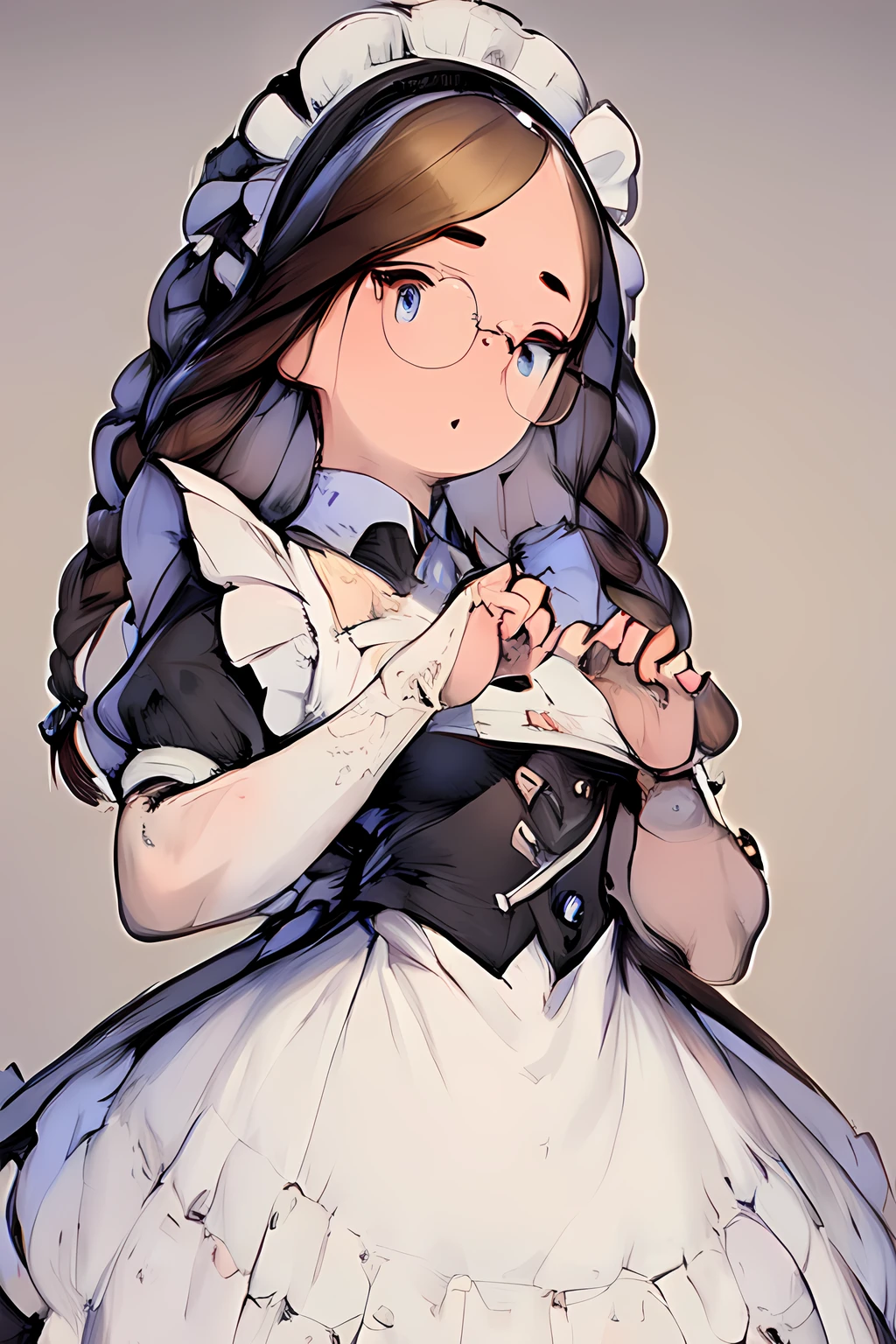 (masterpiece, best quality:1.4), (extremely detailed fine touch:1.2), best quality, expressive eyes, perfect face, perfect hands, perfect fingers (masterpiece), 1girl, maid, apron, maid headdress, brown hair, twin braids, glasses, <lora:styles\Akihiko_Yoshida_Chibi_Style_v2.1.safetensors>