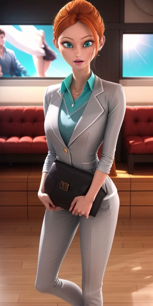 Hyperrealistic, perfect face, expressive strong cyan eyes, photorealistic, super detailed, (gray jacket), (gray trousers), body like in real life, large pores, tall, light-skinned, beautiful arms, beautiful legs, standing on a stage, unreal engine, cinematic lighting, bokeh, droped shadow, octane render, <lora:add_detail:0.5>, <lora:Volumetric_lighting:0.6>, thin light pink lips, freckles, orange hair which she pulls back in a high bun, strong cyan eyes, Bustier, Caline, , <lora:2baf874f-84ac-4a70-939e-e7522d2575e2:0.7>