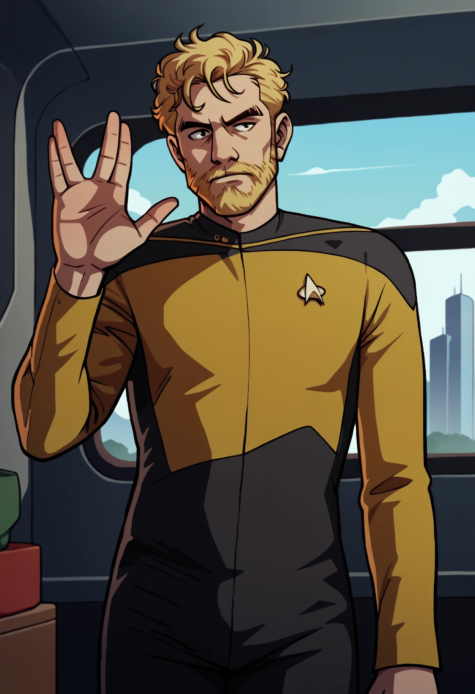 core_9, score_8_up, score_7_up, score_6_up, 1boy,solo,blonde hair,ponytail,beard,moustache,messy beard,messy hair,scenery,indoors,futuristic,window,
sttng1,star trek yellow uniform,black shoulders
,<lora:TNGS1-000030>
vulcansalute hand gesture<lora:VulcansalutePonyV1-000035>