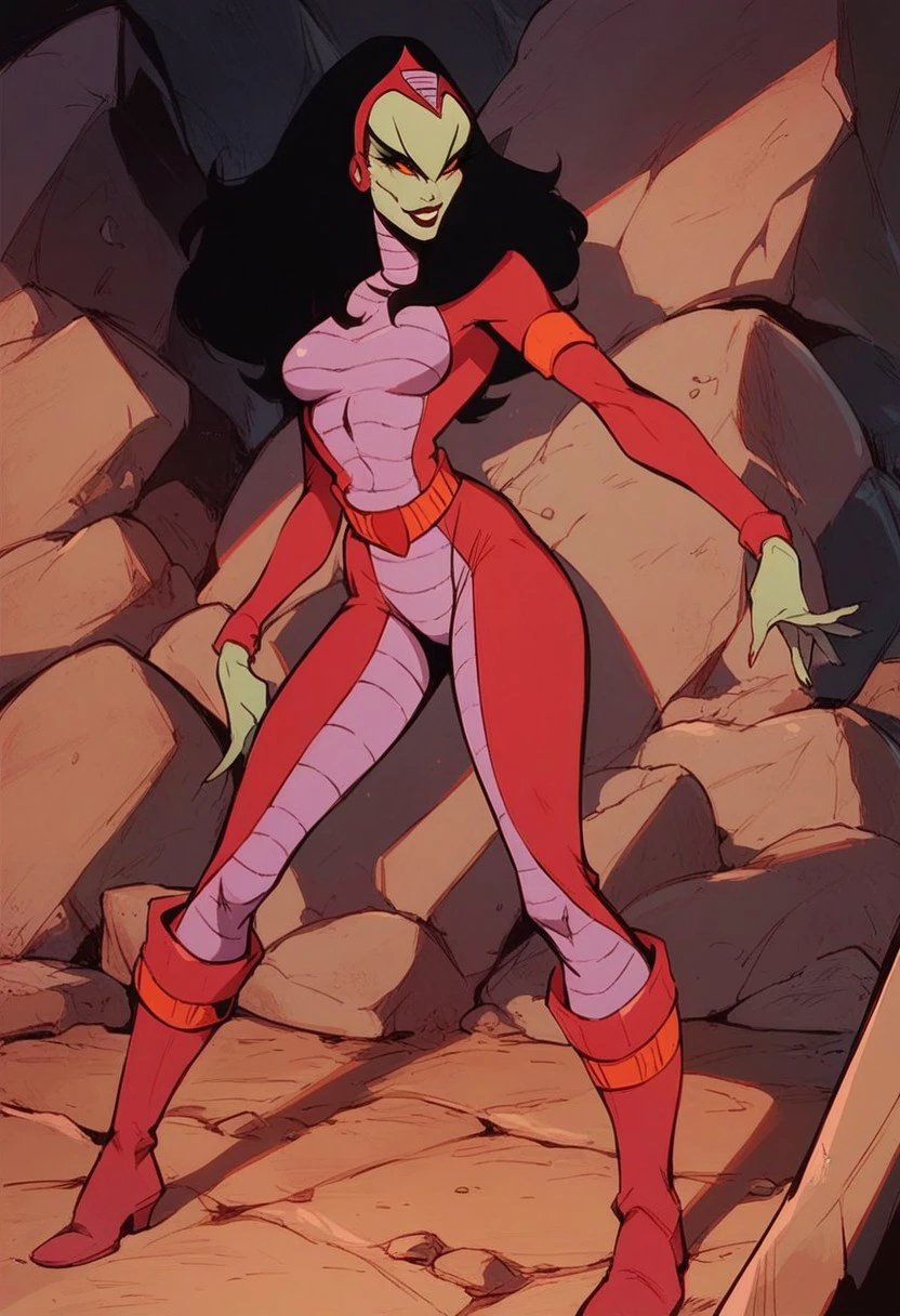 score_9, score_8_up, score_7_up, score_6_up, 1girl, solo, upper body shot, (Vipra), Black hair, red headpiece, bodysuit, red boots, sinister smile, standing on a rocky outcrop on a mysterious alien planet