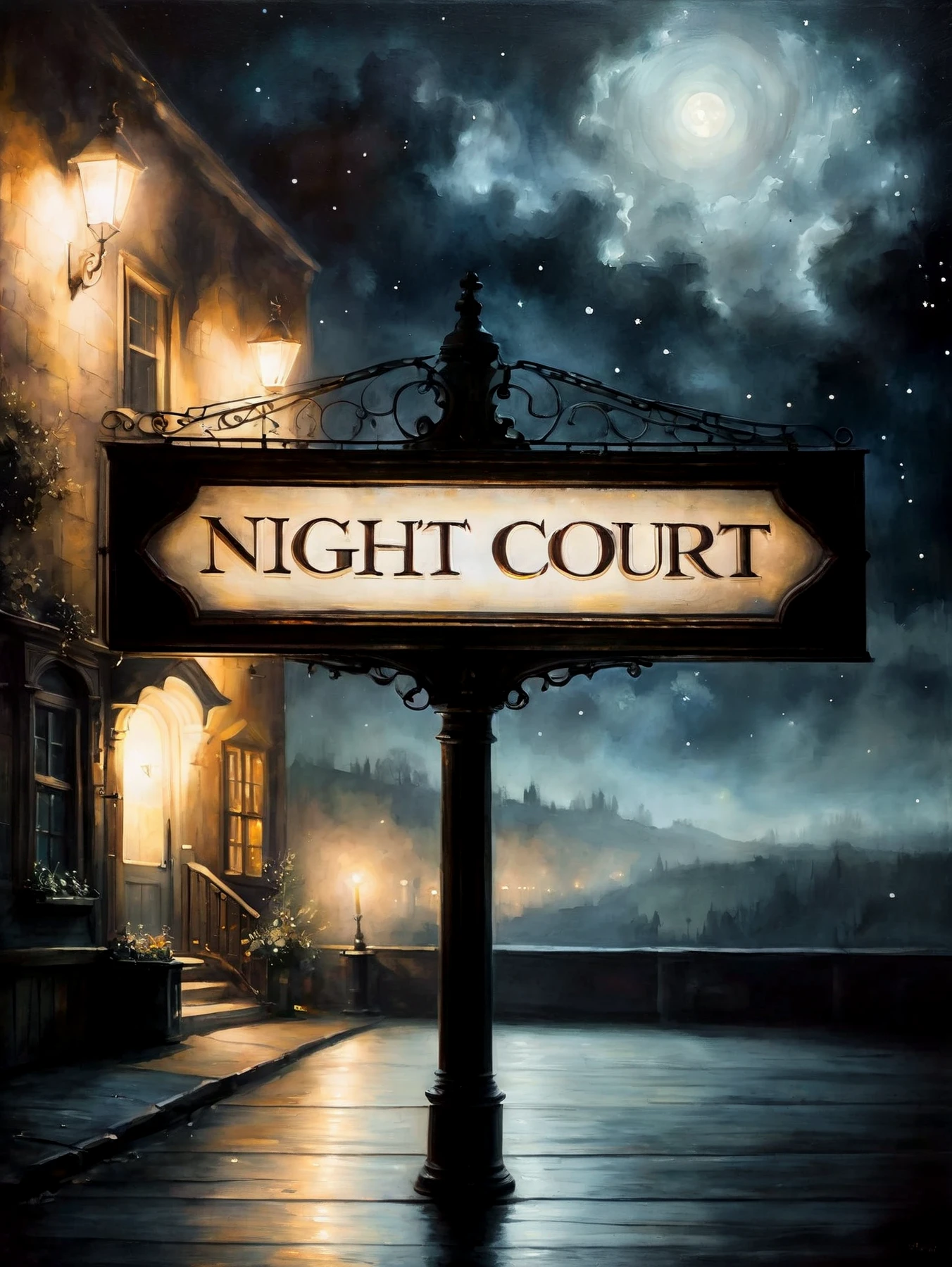 (A sign:1.95) (text: "Night Court").

Atmospheric, rustic, moody.

<lora:NightCourt01_CE_SDXL:0.9> nghtcrtCE