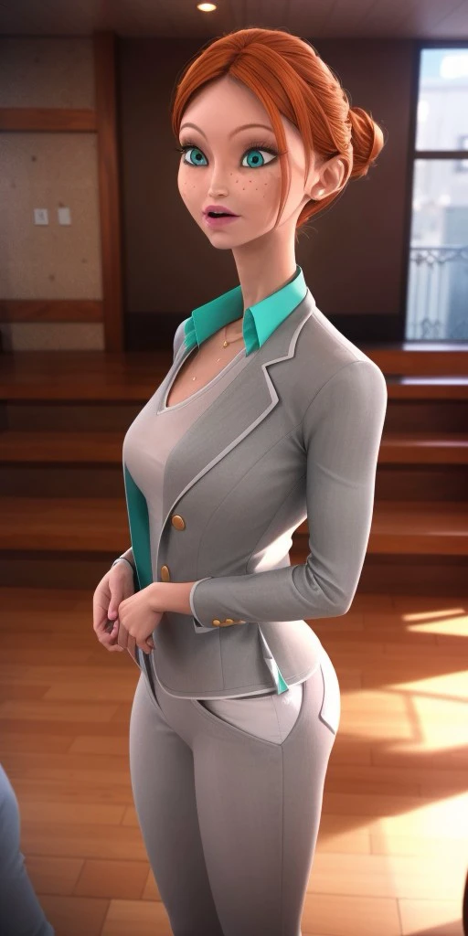 Hyperrealistic, perfect face, expressive strong cyan eyes, photorealistic, super detailed, (gray jacket), (gray trousers), body like in real life, large pores, tall, light-skinned, beautiful arms, beautiful legs, standing on a stage, unreal engine, cinematic lighting, bokeh, droped shadow, octane render, <lora:add_detail:0.5>, <lora:Volumetric_lighting:0.6>, thin light pink lips, freckles, orange hair which she pulls back in a high bun, strong cyan eyes, Bustier, Caline, , <lora:2baf874f-84ac-4a70-939e-e7522d2575e2:0.7>