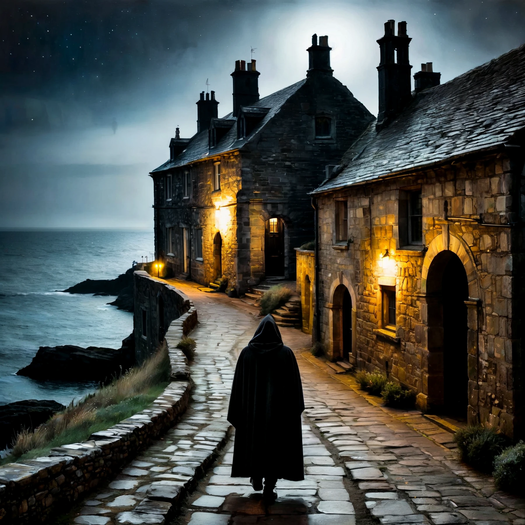 A path leads amongst old stone buildings by the ocean. A cloaked and hooded man walks the path. Night. Dark.

Atmospheric, rustic, moody.

<lora:NightCourt01_CE_SDXL:0.9> nghtcrtCE