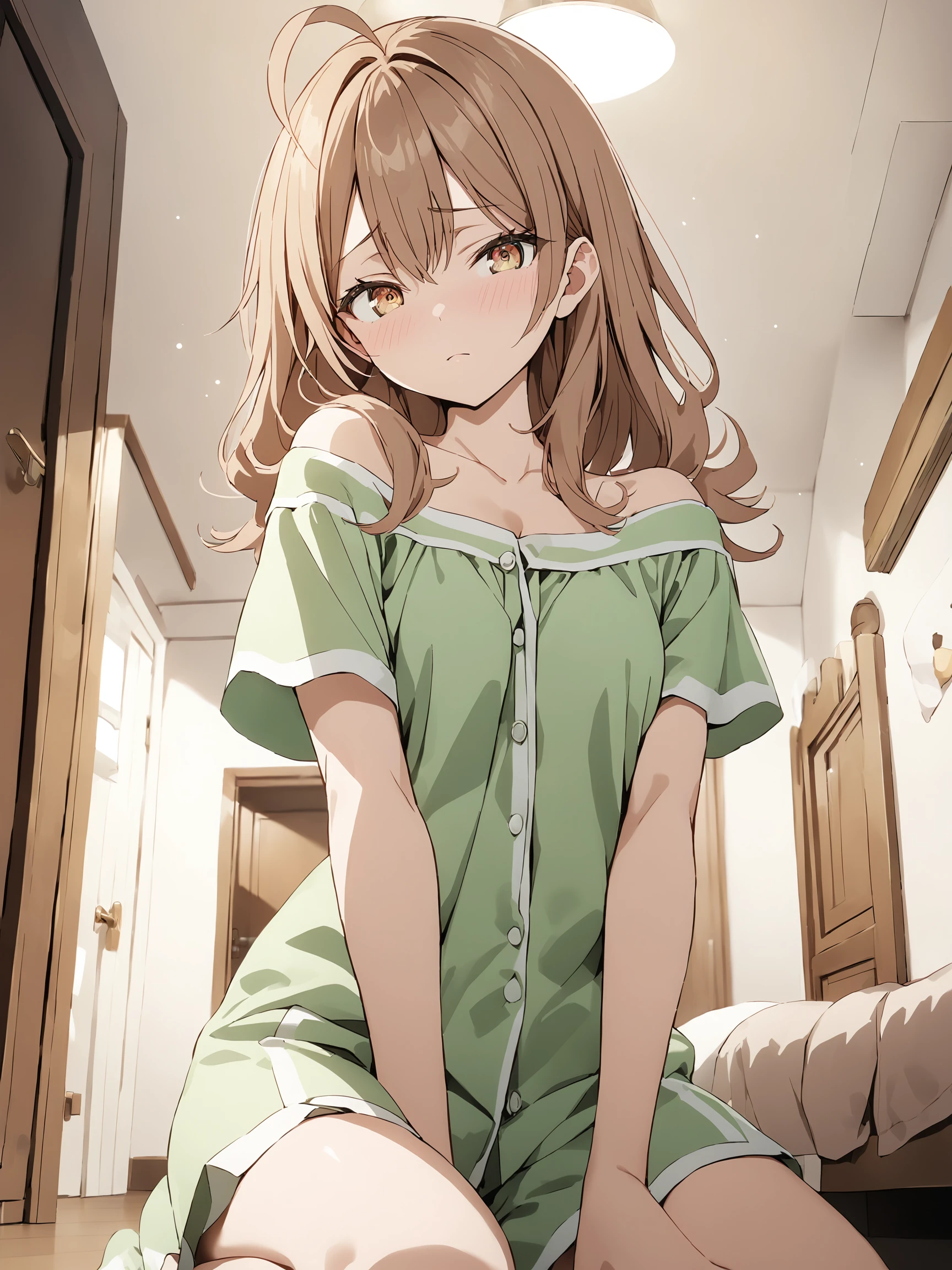 masha_ane, brown eyes, brown hair, hair flower, long hair, ahoge,
looking at viewer, short sleeves, bare shoulders, green pajamas,
kneeling, shy face, low angle, detailed eyes,
bedroom, cozy room,
professional photo, high key light, hard shadow, soft bokeh,
best quality, masterpiece,
<lora:hinaAlyaMashaYuki_sdxl_wifu_v1:1>