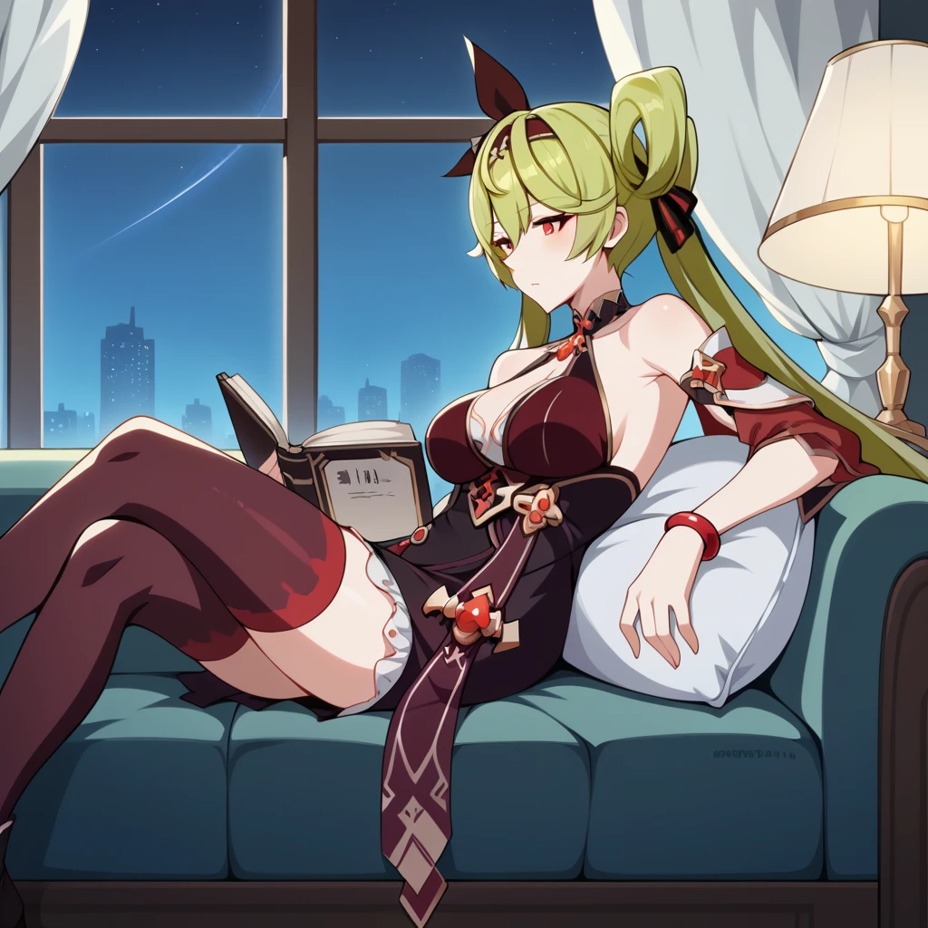 score_9_up, score_8_up, score_7_up, source_anime, masterpiece, best quality, 1girl, solo, Ai-chan, Ai_ReC, lamp, window, night time, lying on couch, reclining, head on pillow, hand behind head, holding book, reading book, bend knees, from side, looking at book, maroon thighhighs, relaxed, long hair, green hair, red eyes, double buns, hair rings, twintails, black dress, sleeveless dress, maroon dress, black dress, sleeveless dress, halterneck, cleavage, red bracelet, red gems, jewelry, hair bow, detached sleeves, bare shoulders, maroon sleeves, black gloves, maroon skirt, see-through, mature body, dynamic cowboy shot, indoors, library background