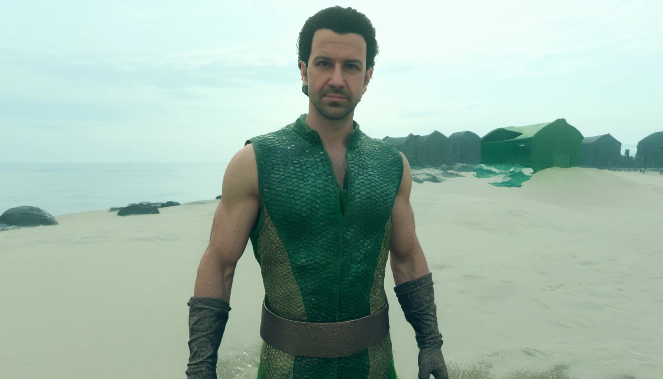 (mw19 style:1.1), a person with brown hair and shaved facial hair wearing a green sleeveless costume with scales at the shore of a beach