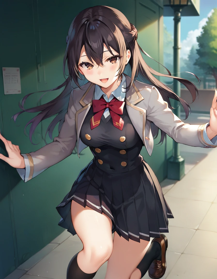 score_9,score_8_up,score_7_up,score_6_up BREAK official art,solo,outdoors,cowboy shot,looking at viewer,facing viewer,happy,Suou Yuki,long hair,black hair,french braid,hair between eyes,parted bangs,brown eyes,school uniform,grey jacket,cropped jacket,open clothes,open jacket,wing collar,red bowtie,black dress,pleated dress,double-breasted,collared shirt,white shirt,medium breasts,skindentation,long sleeves,black socks,loafers,brown footwear,<lora:Suou Yuki(tsrdta)-Pony:1.2>,<lora:Smooth Anime Style LoRA XL:0.8>,